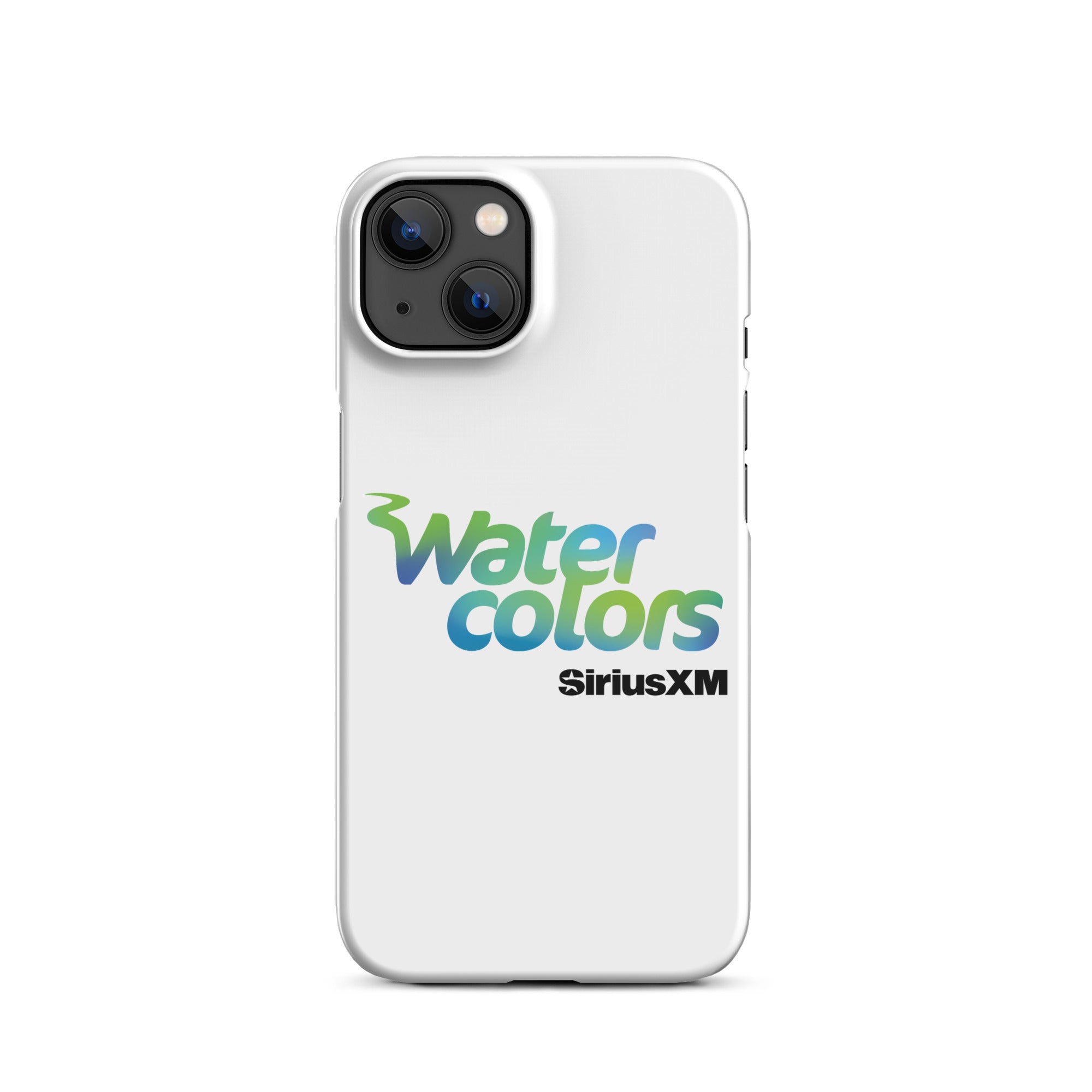 A white phone case featuring the 'Watercolors' logo and 'SiriusXM' branding.