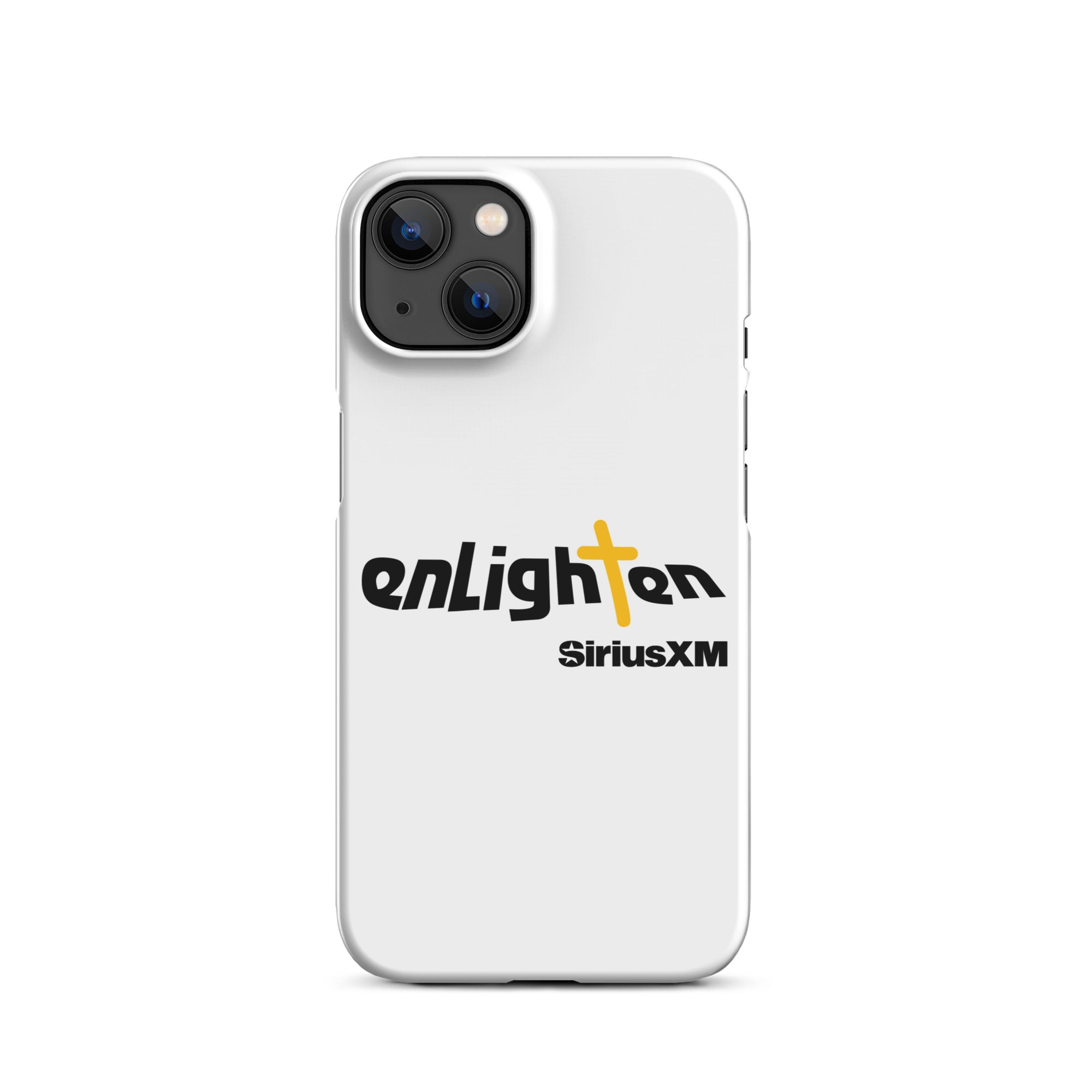 White phone case featuring the 'enLighten' logo with a cross and 'SiriusXM' text below.