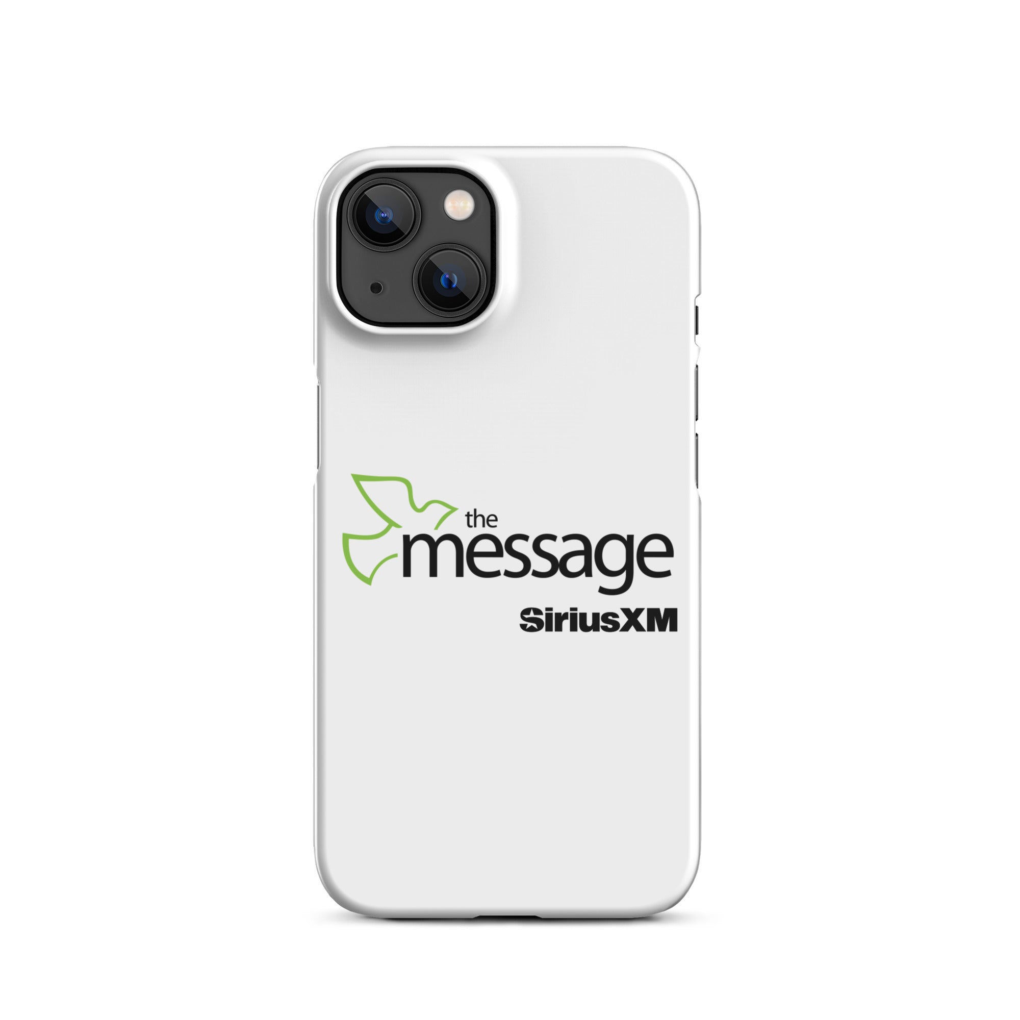 A white phone case featuring 'the message' logo with a green dove and 'SiriusXM' branding.