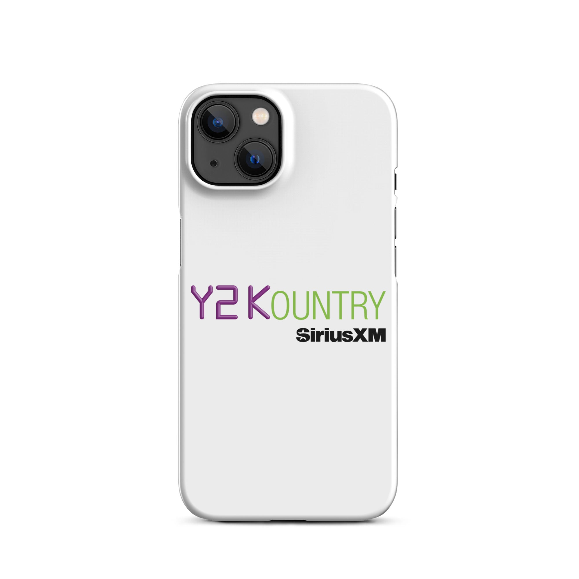 White phone case featuring the text 'Y2KOUNTRY' and 'SiriusXM' in purple and green.