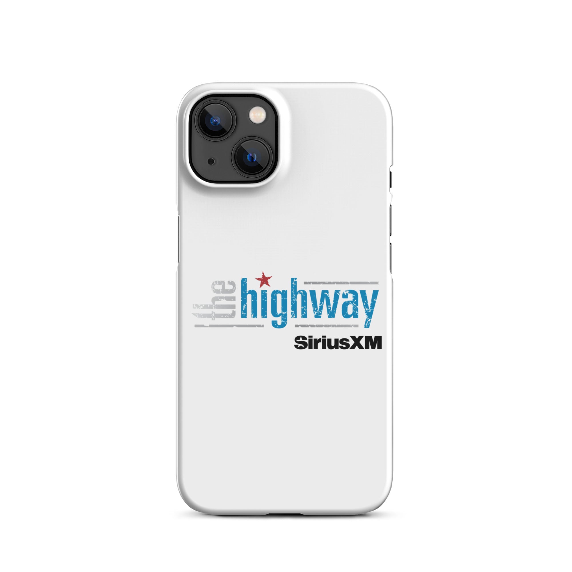 White phone case featuring 'the highway' and 'SiriusXM' logos in blue and black.