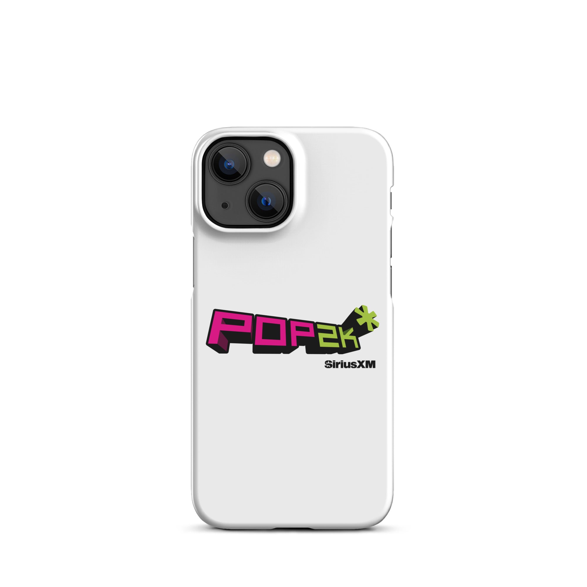 White phone case featuring the 'POP2K' logo in vibrant pink and green colors with 'SiriusXM' branding.
