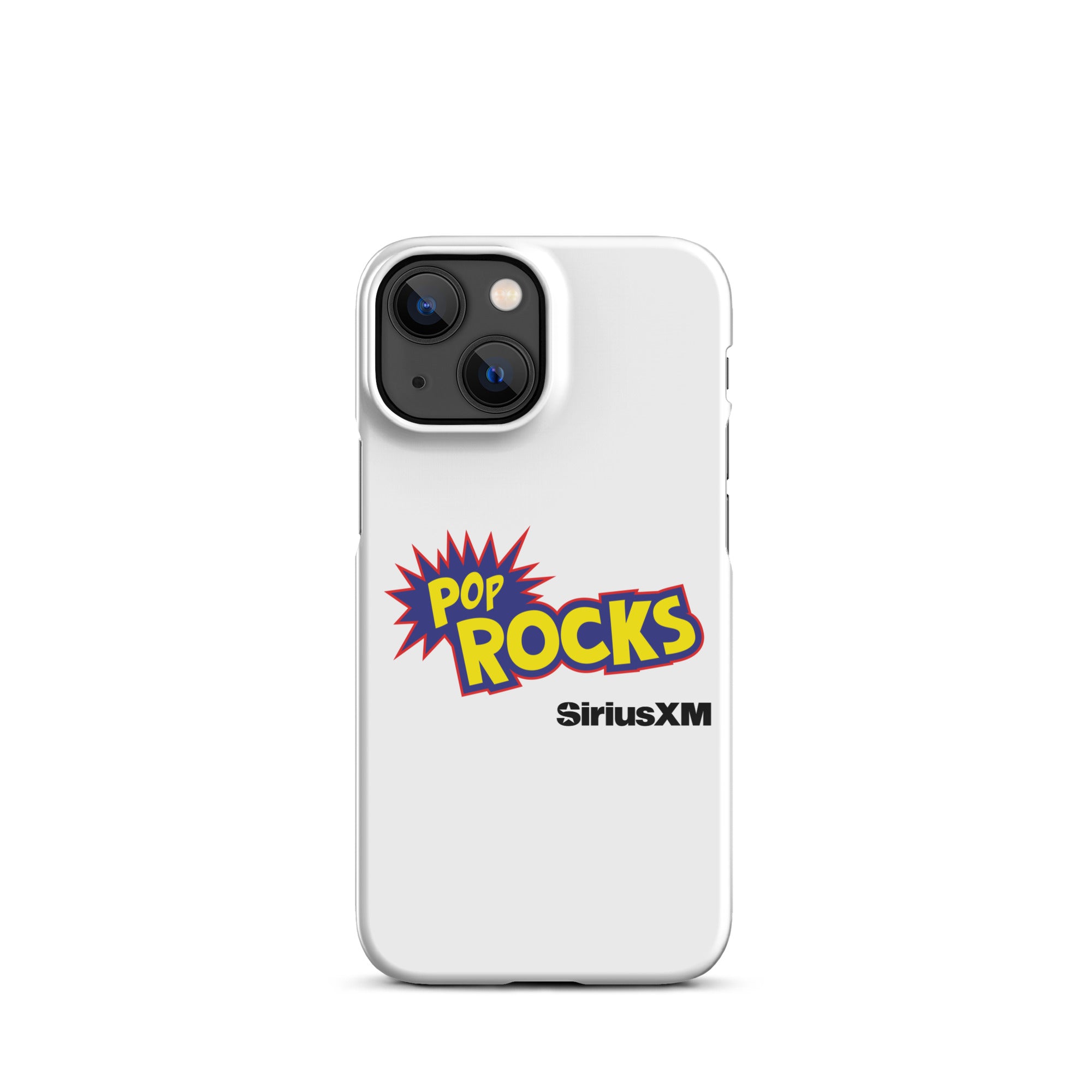 White phone case featuring 'POP ROCKS' logo with a burst design and 'SiriusXM' logo.