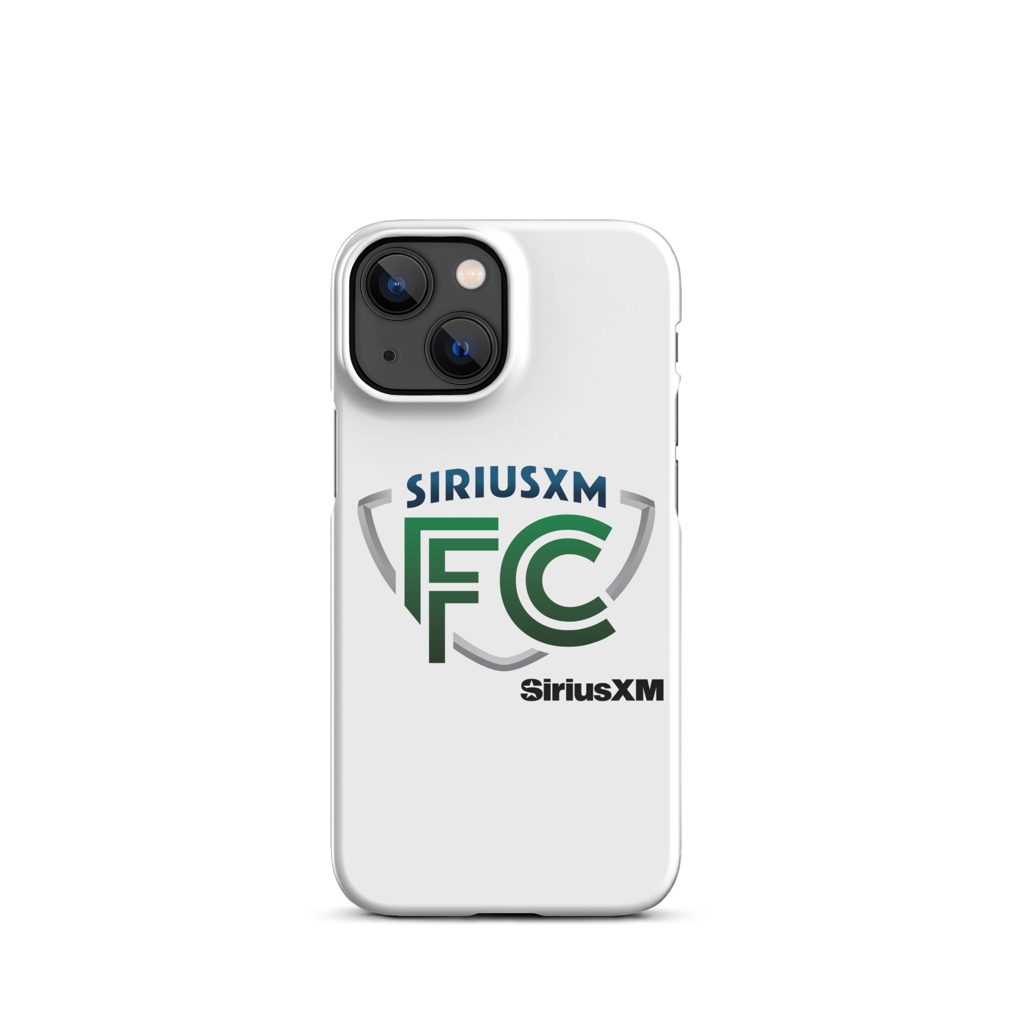 White phone case featuring the 'SiriusXM FC' logo in green and gray with 'SiriusXM' branding in black.