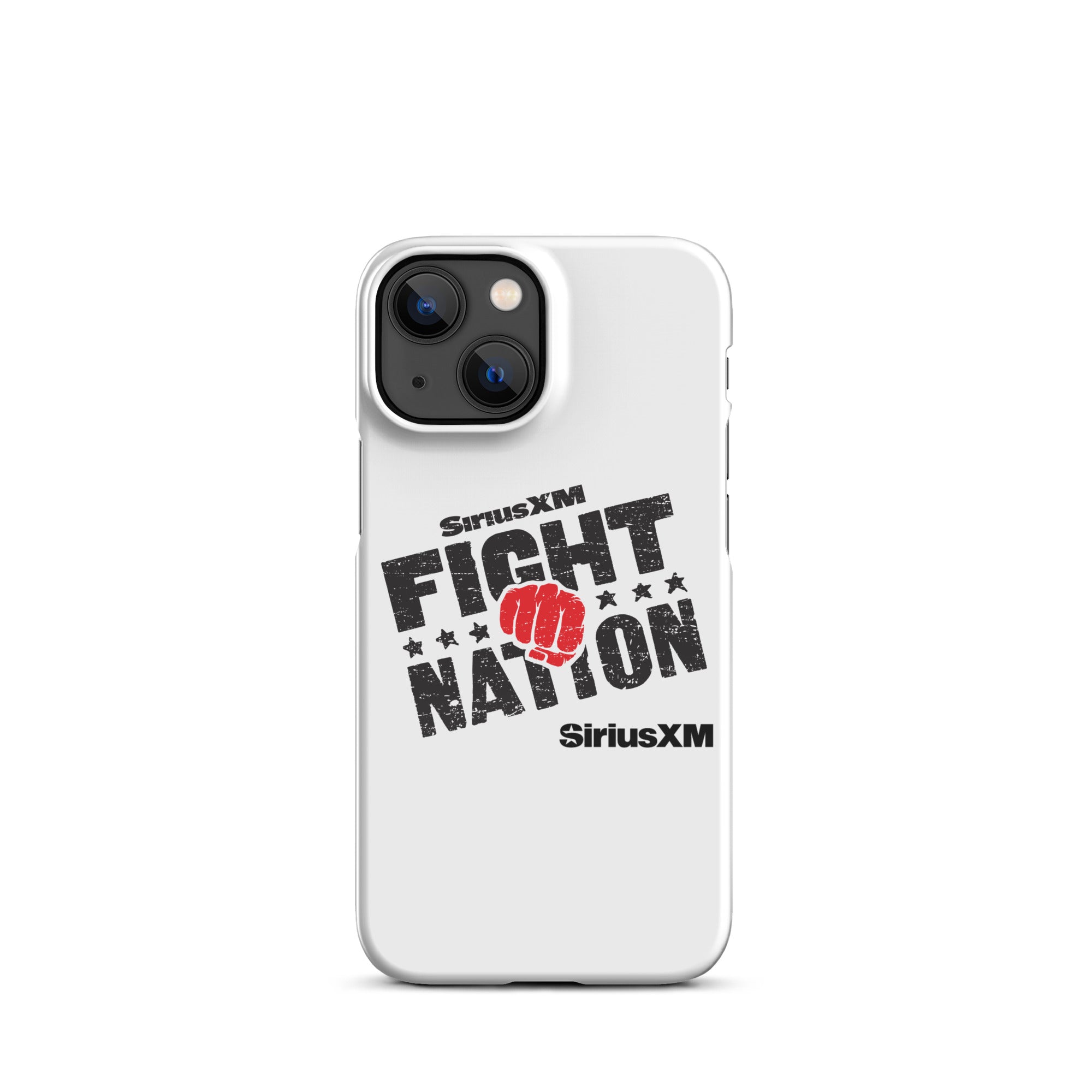 White phone case featuring 'SiriusXM FIGHT NATION' logo with a red fist and stars with 'SiriusXM' branding underneath.