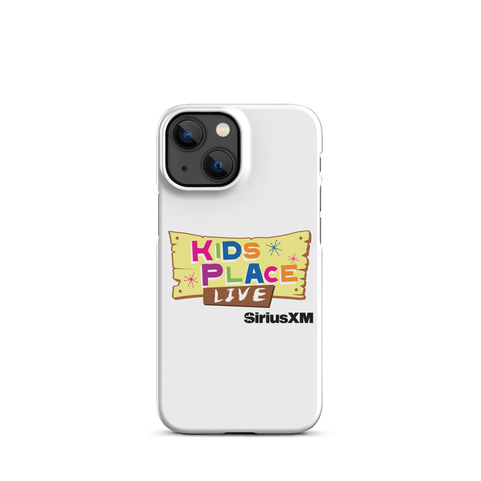 White phone case featuring 'KIDS PLACE LIVE' and 'SiriusXM' logos in colorful, playful design.