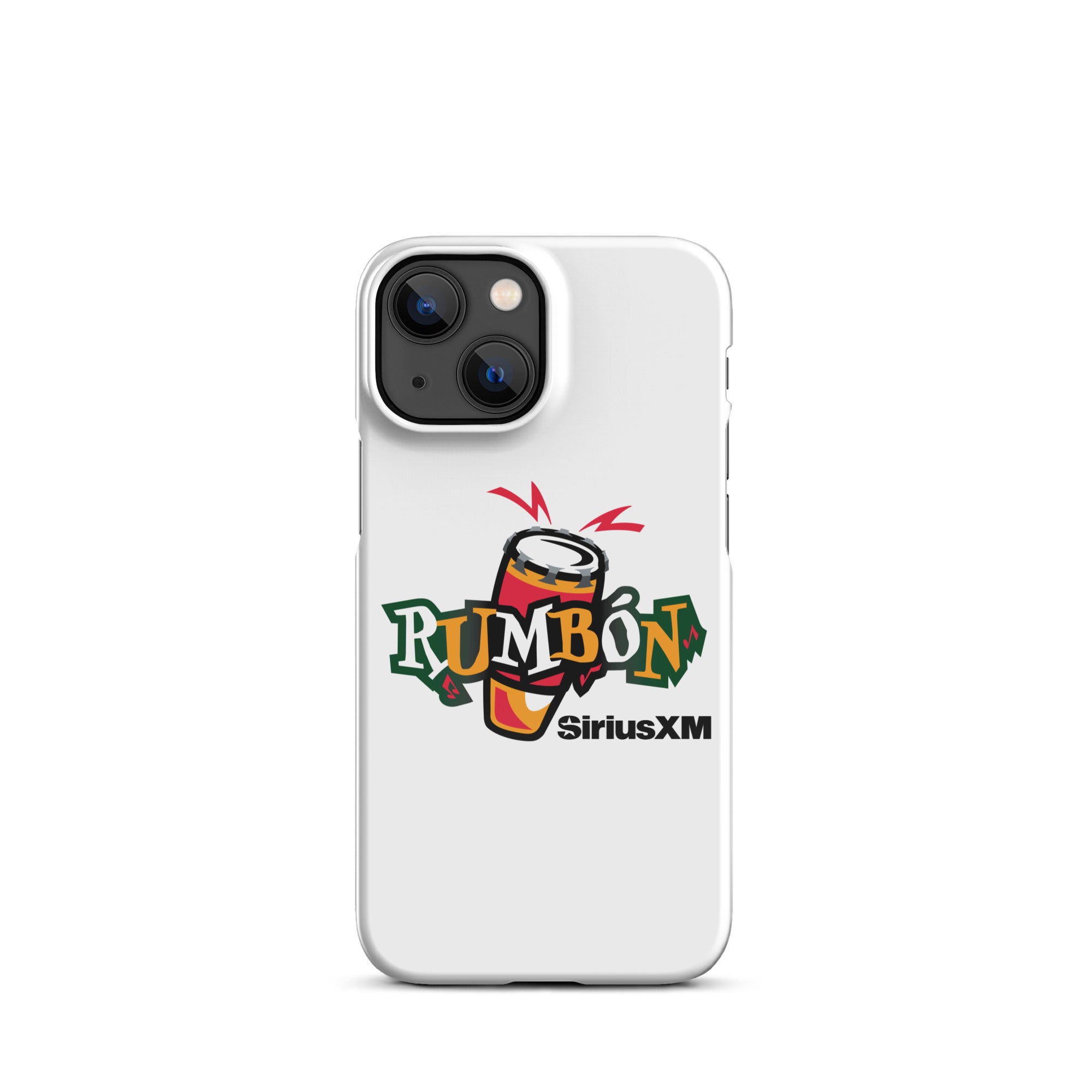 White phone case featuring 'Rumbón' logo with a conga drum and 'SiriusXM' branding.