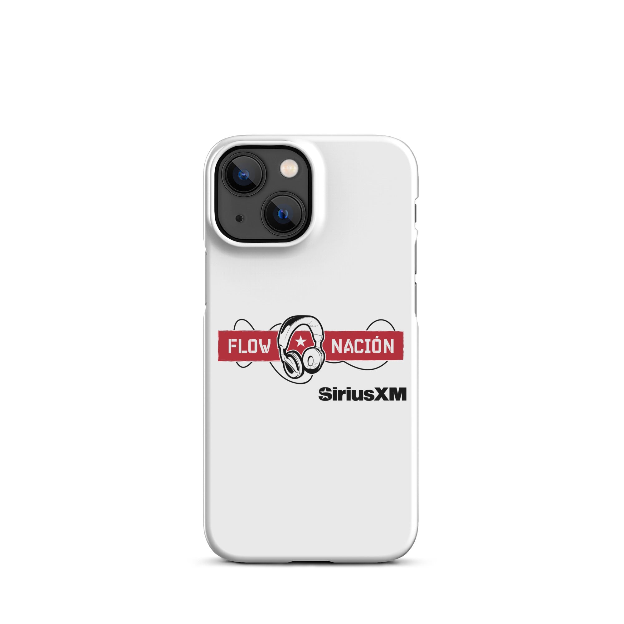 White phone case featuring 'FLOW NACION' with headphones logo and 'SiriusXM' branding.