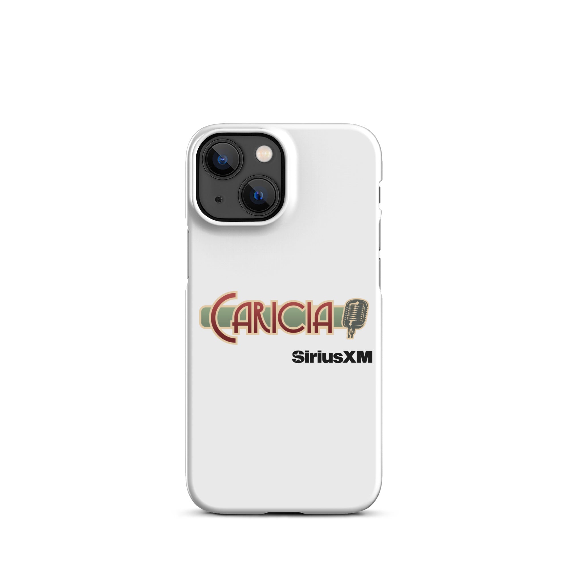 White phone case with a logo of 'Caricia' with a microphone icon and 'SiriusXM' branding.