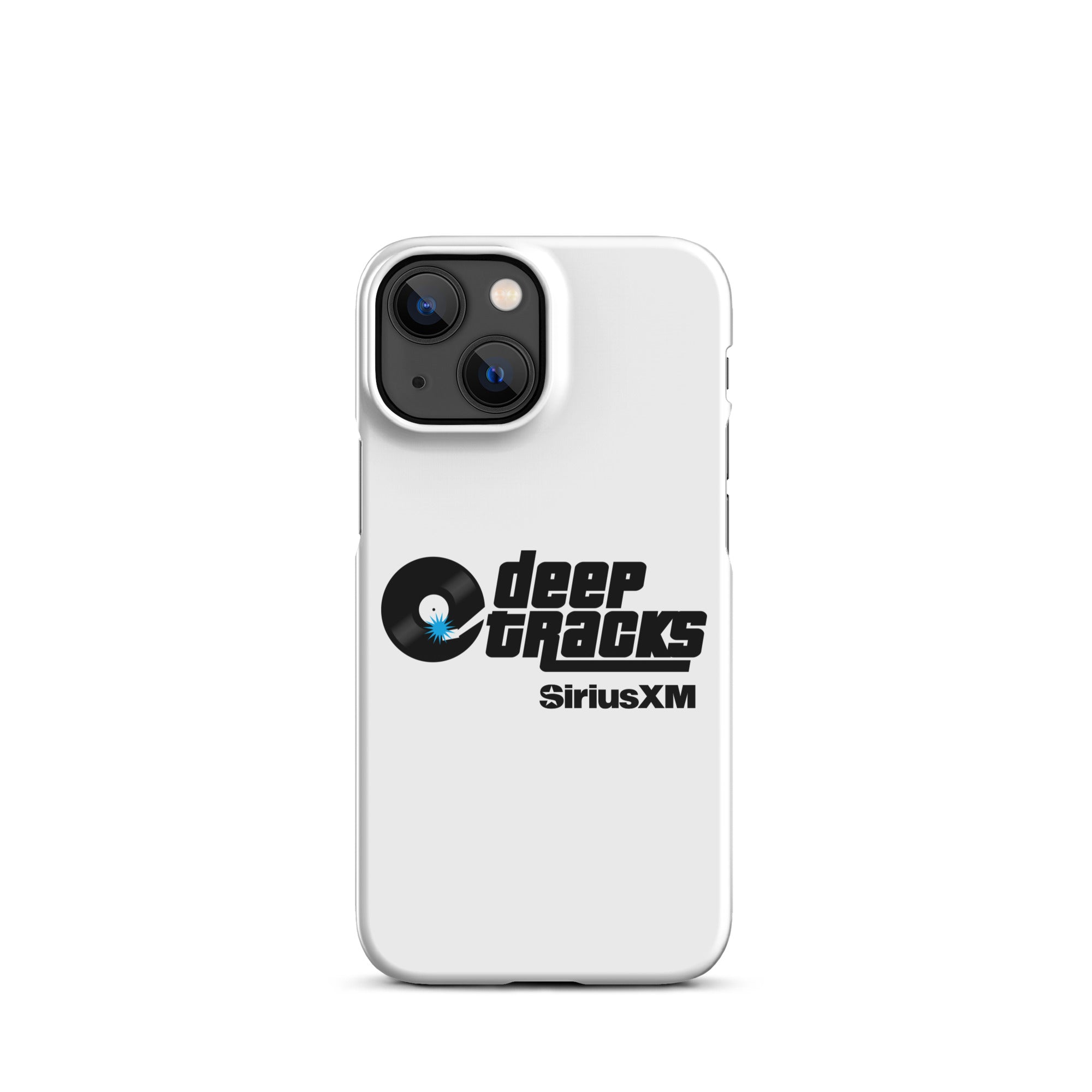 White phone case featuring 'deep TRACKS' and 'SiriusXM' logos with a vinyl record graphic.