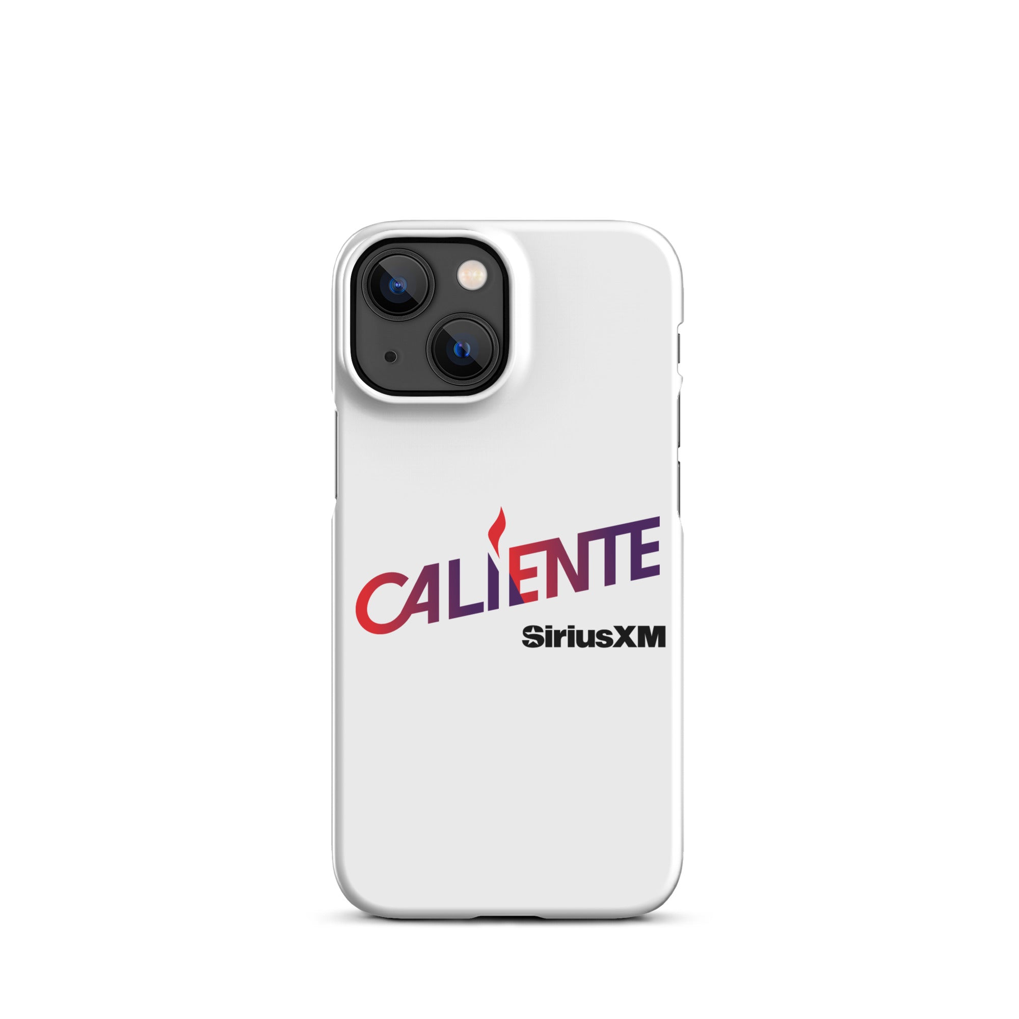 White phone case featuring 'CALIENTE' logo and 'SiriusXM' in bold lettering.
