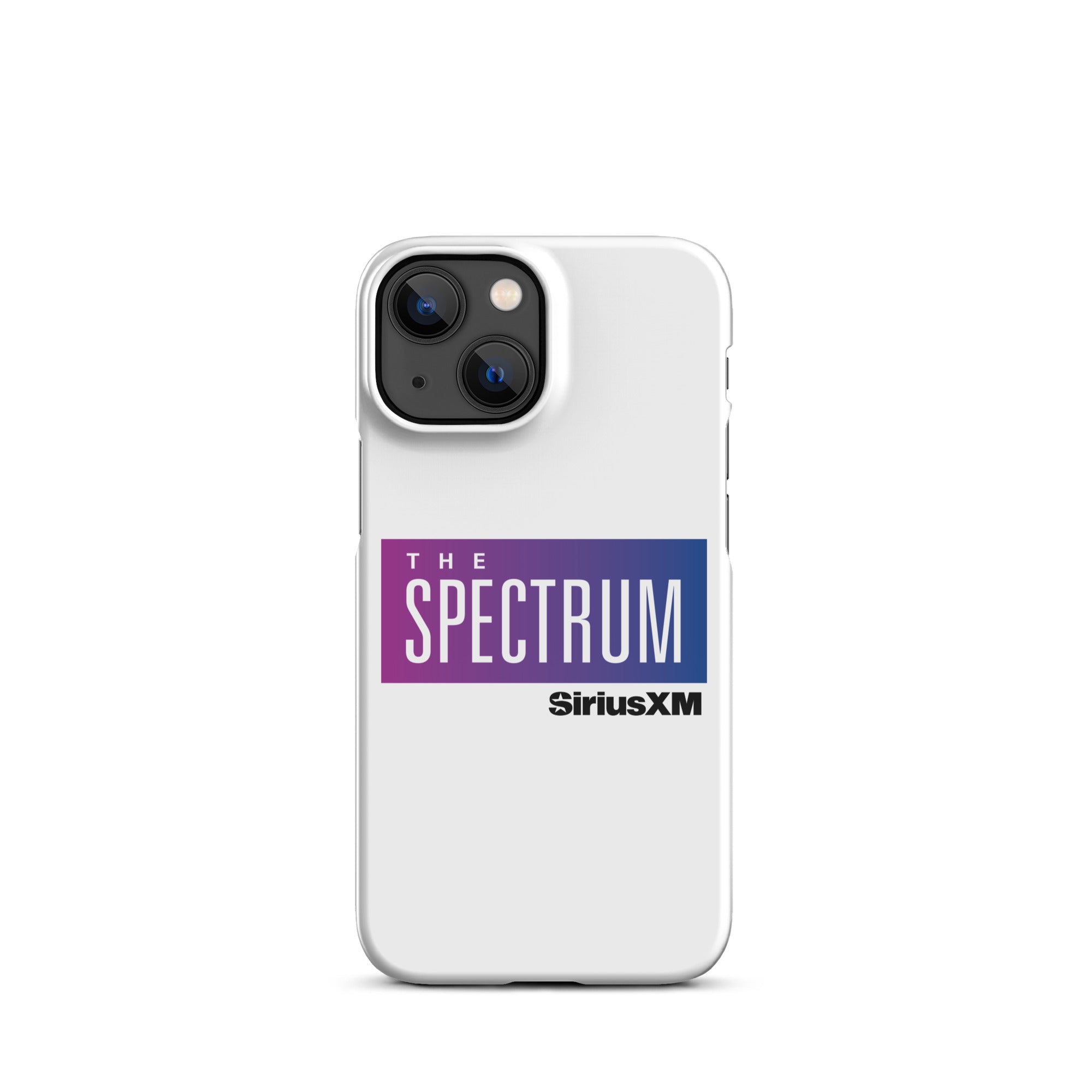 White phone case featuring 'THE SPECTRUM' logo  in gradient blue and purple.and 'SiriusXM' branding.