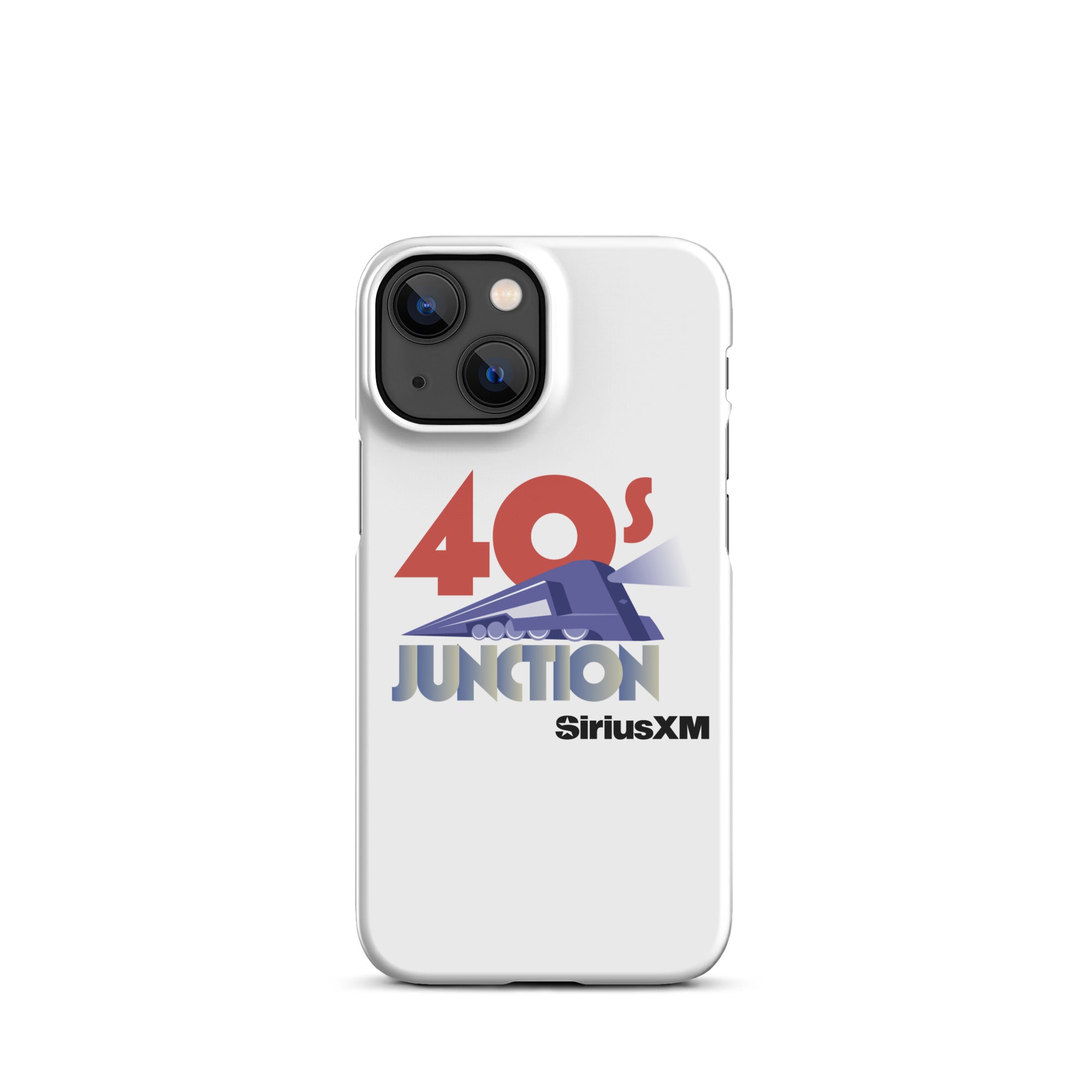 White phone case featuring the text '40s Junction' and a blue train graphic, with 'SiriusXM' logo below.