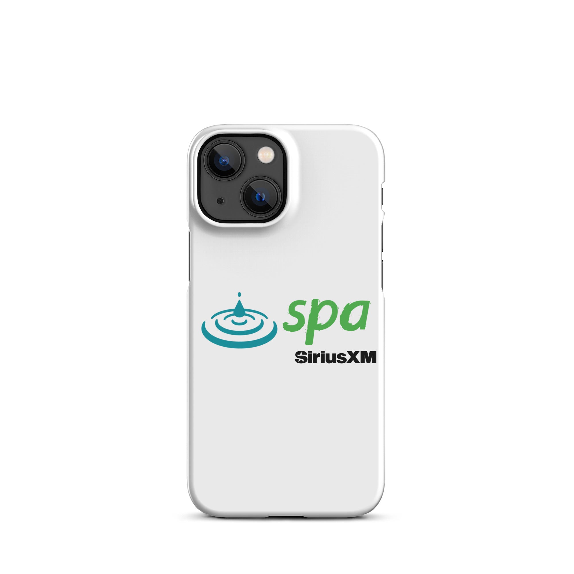 A white phone case featuring the 'spa' logo with a water droplet and ripple design and 'SiriusXM' branding underneath.