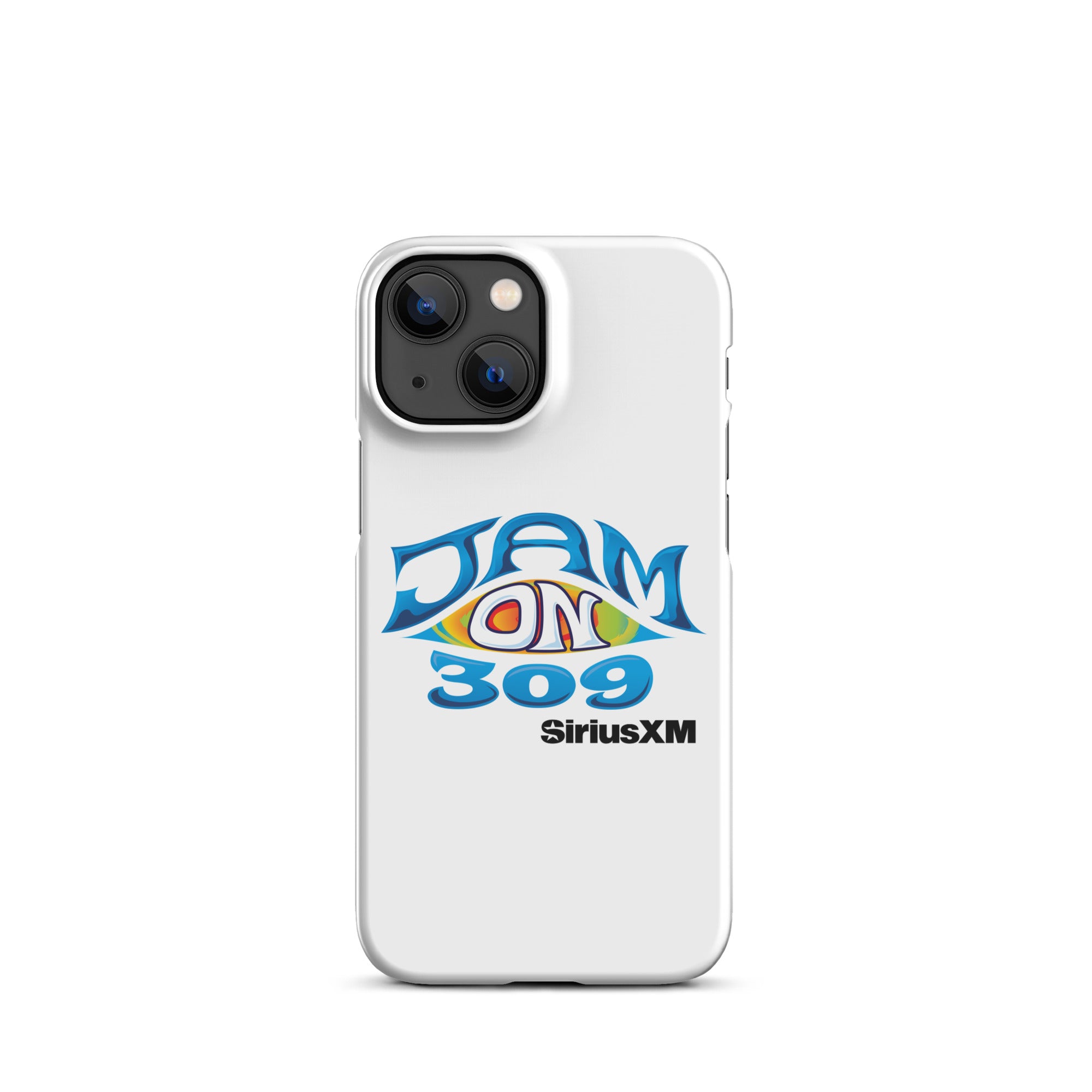 White phone case featuring the logo 'JAM ON 309' and 'SiriusXM' in colorful, stylized lettering.