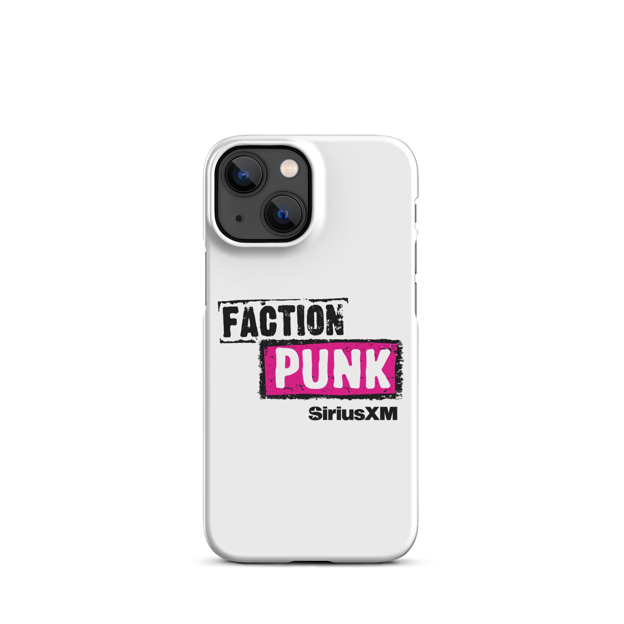 White phone case featuring 'FACTION PUNK' logo in pink and black with 'SiriusXM' branding below.
