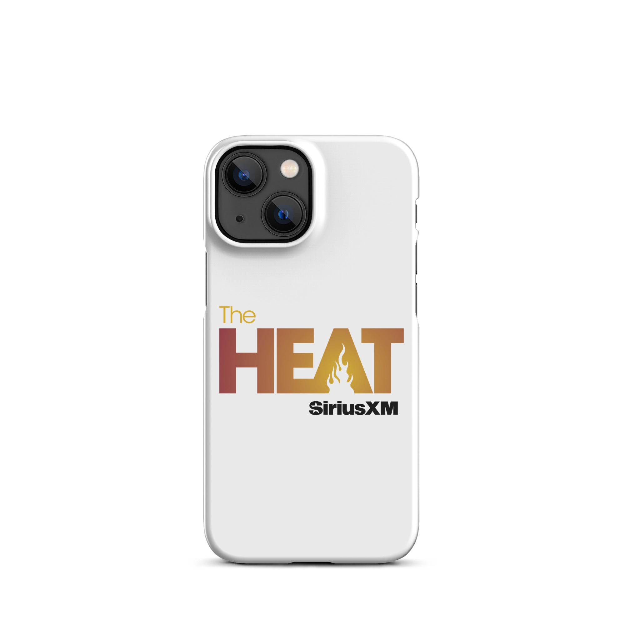 White phone case featuring 'The HEAT' text with a flame design and 'SiriusXM' logo.
