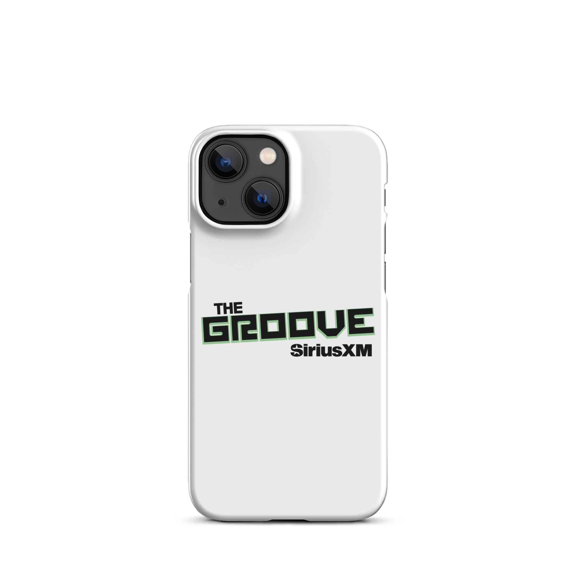 White phone case featuring 'THE GROOVE' and 'SiriusXM' logos in black and green.