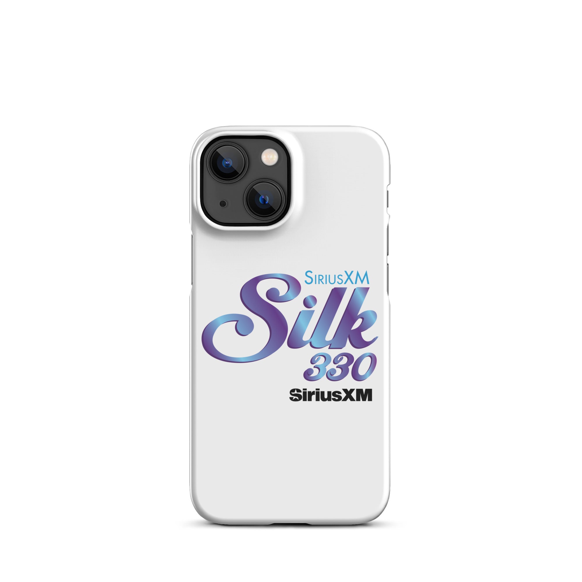 White smartphone case with 'SiriusXM Silk 330' logo in stylized purple and blue lettering and 'SiriusXM' branding.