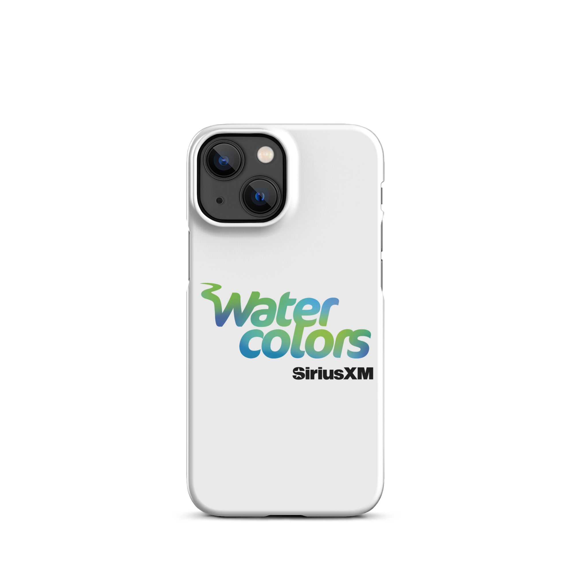 A white phone case featuring the 'Watercolors' logo and 'SiriusXM' branding.