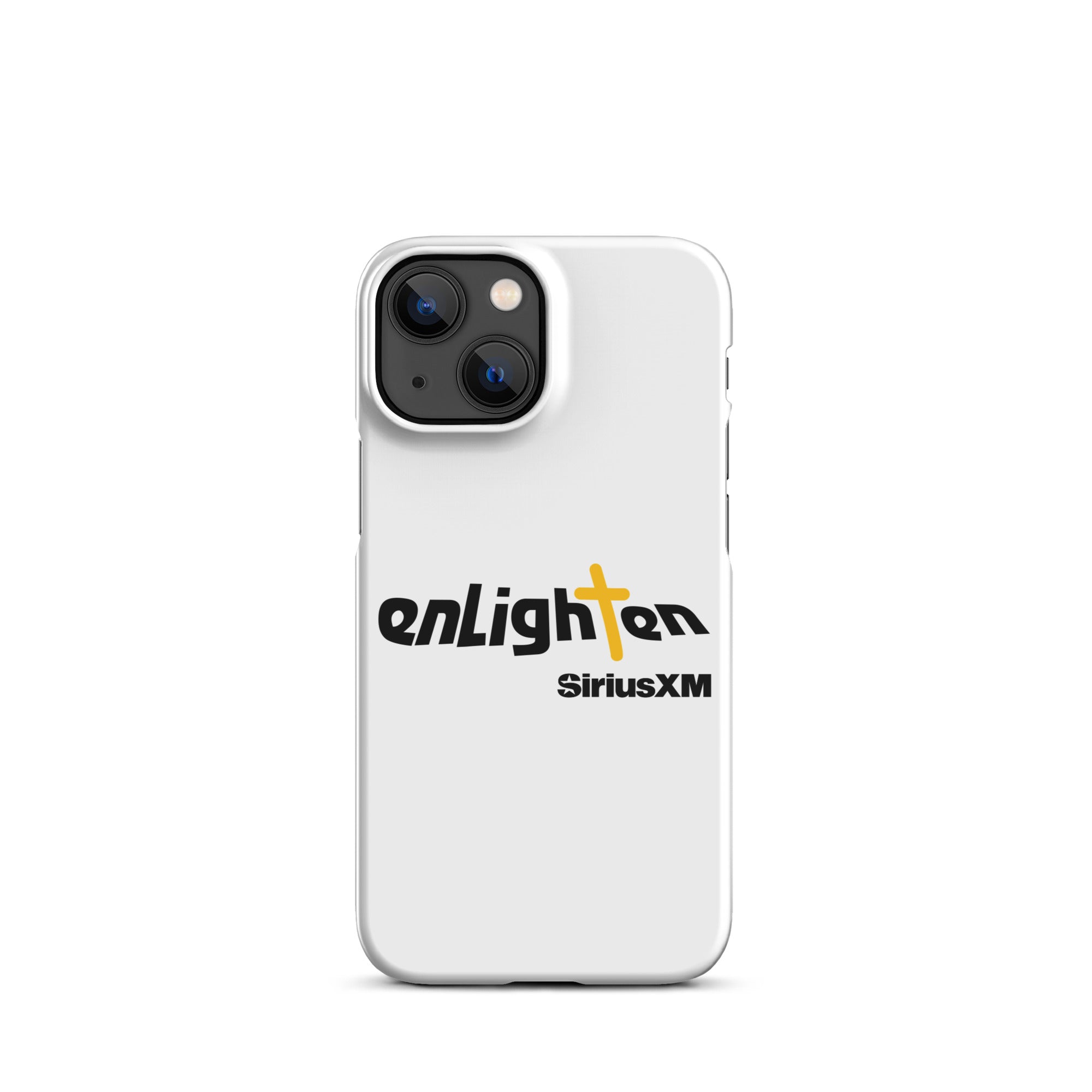 White phone case featuring the 'enLighten' logo with a cross and 'SiriusXM' text below.
