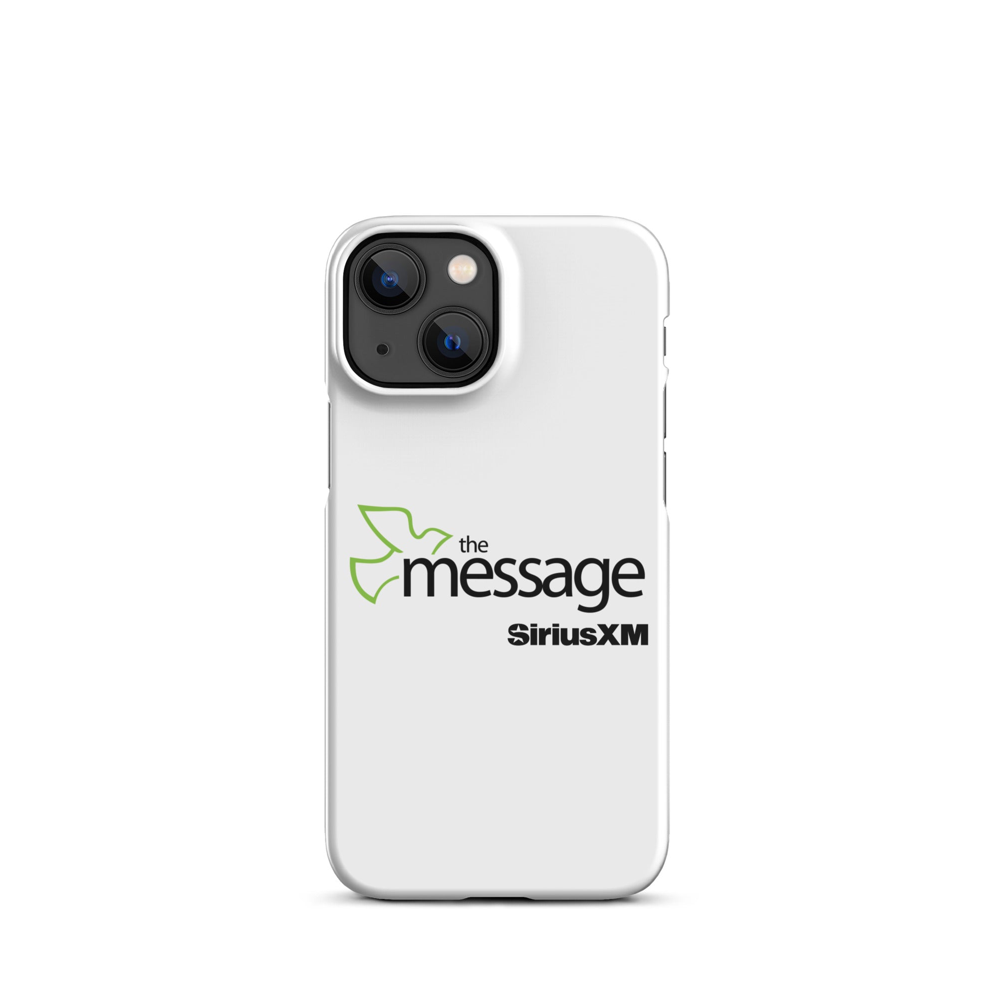 A white phone case featuring 'the message' logo with a green dove and 'SiriusXM' branding.