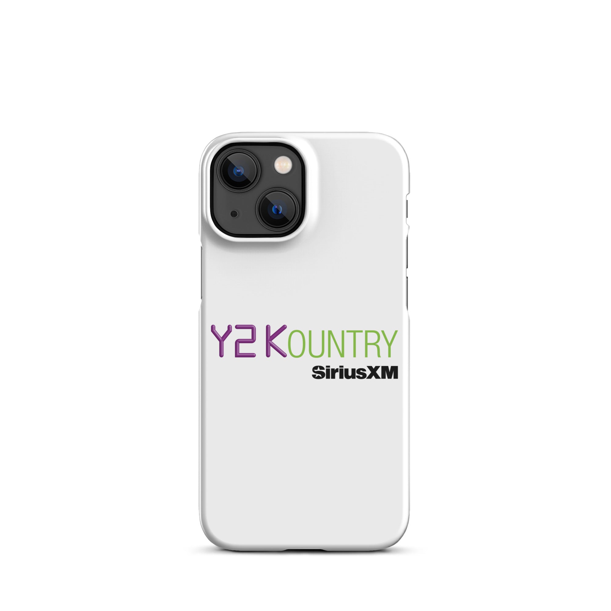 White phone case featuring the text 'Y2KOUNTRY' and 'SiriusXM' in purple and green.