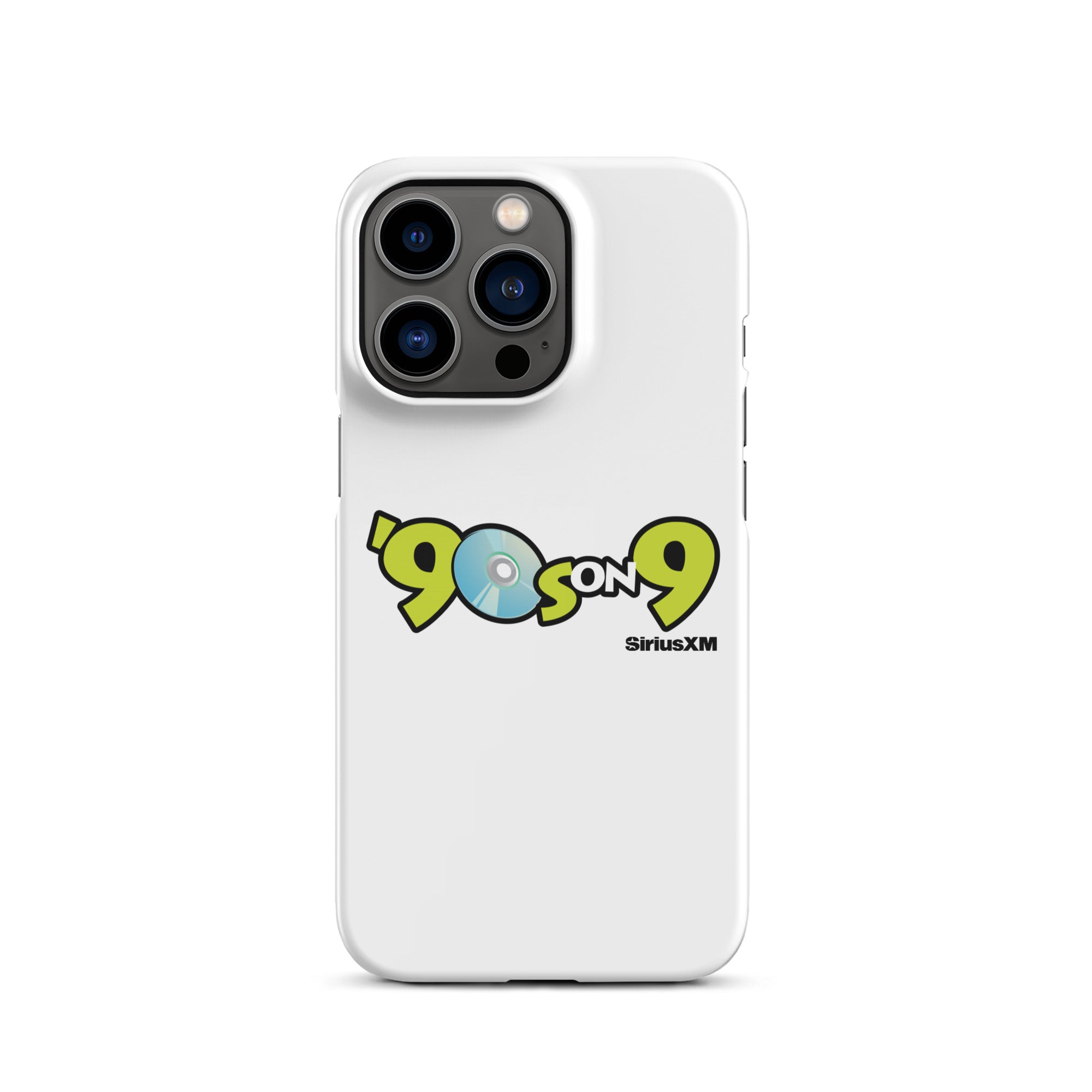 White phone case featuring the '90s on 9' logo with CD graphic and 'SiriusXM' branding.