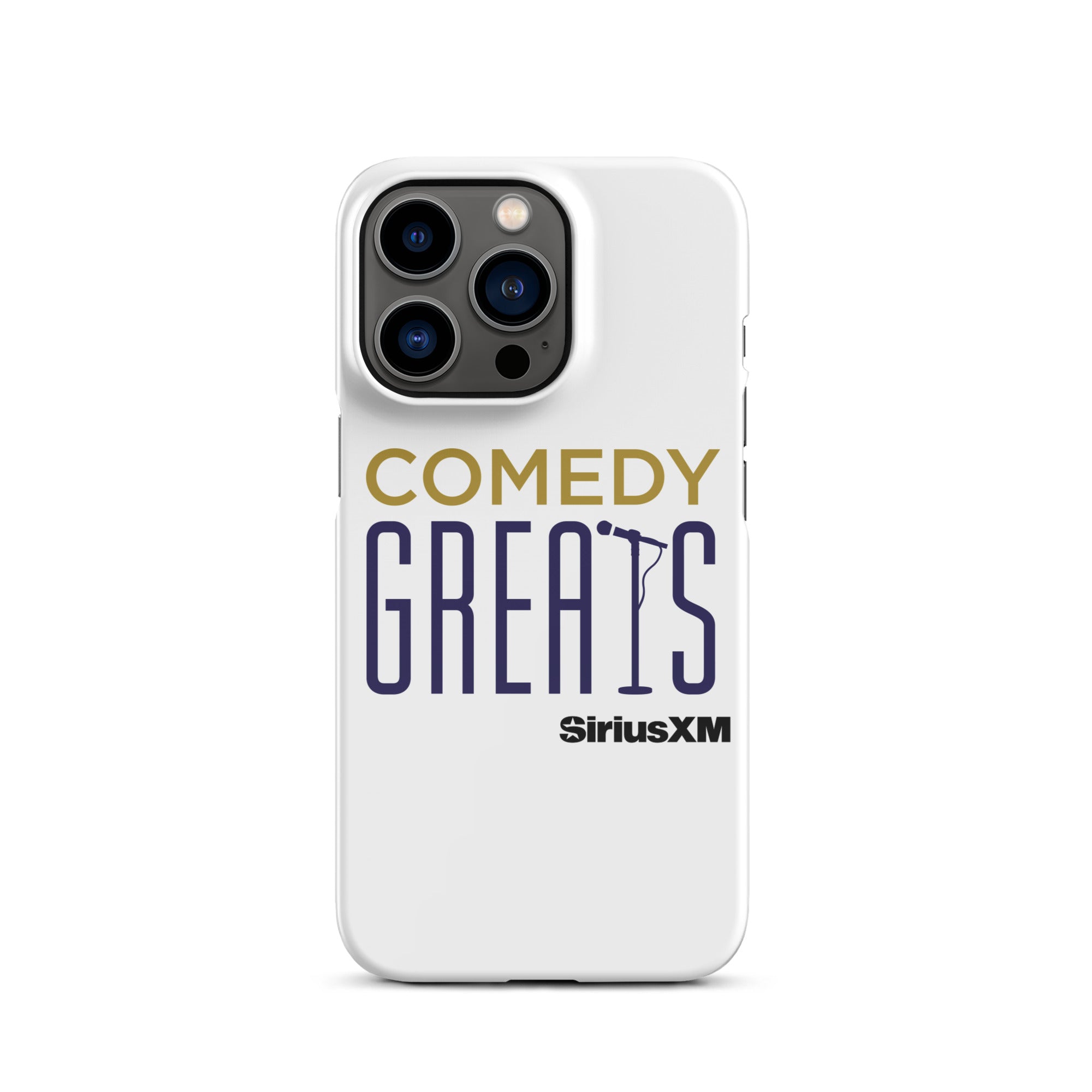 White phone case featuring the text 'COMEDY GREATS' and the 'SiriusXM' logo.
