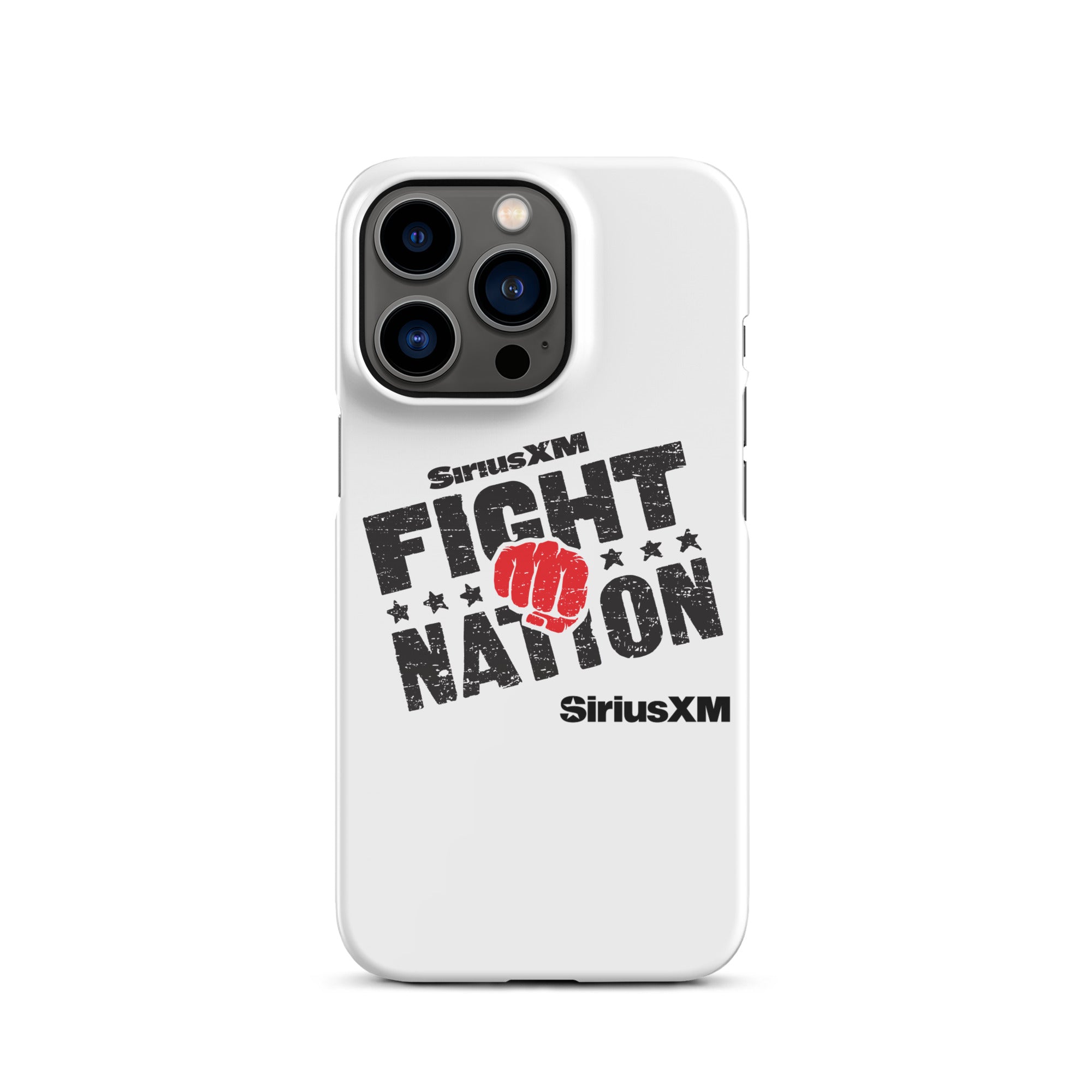 White phone case featuring 'SiriusXM FIGHT NATION' logo with a red fist and stars with 'SiriusXM' branding underneath.