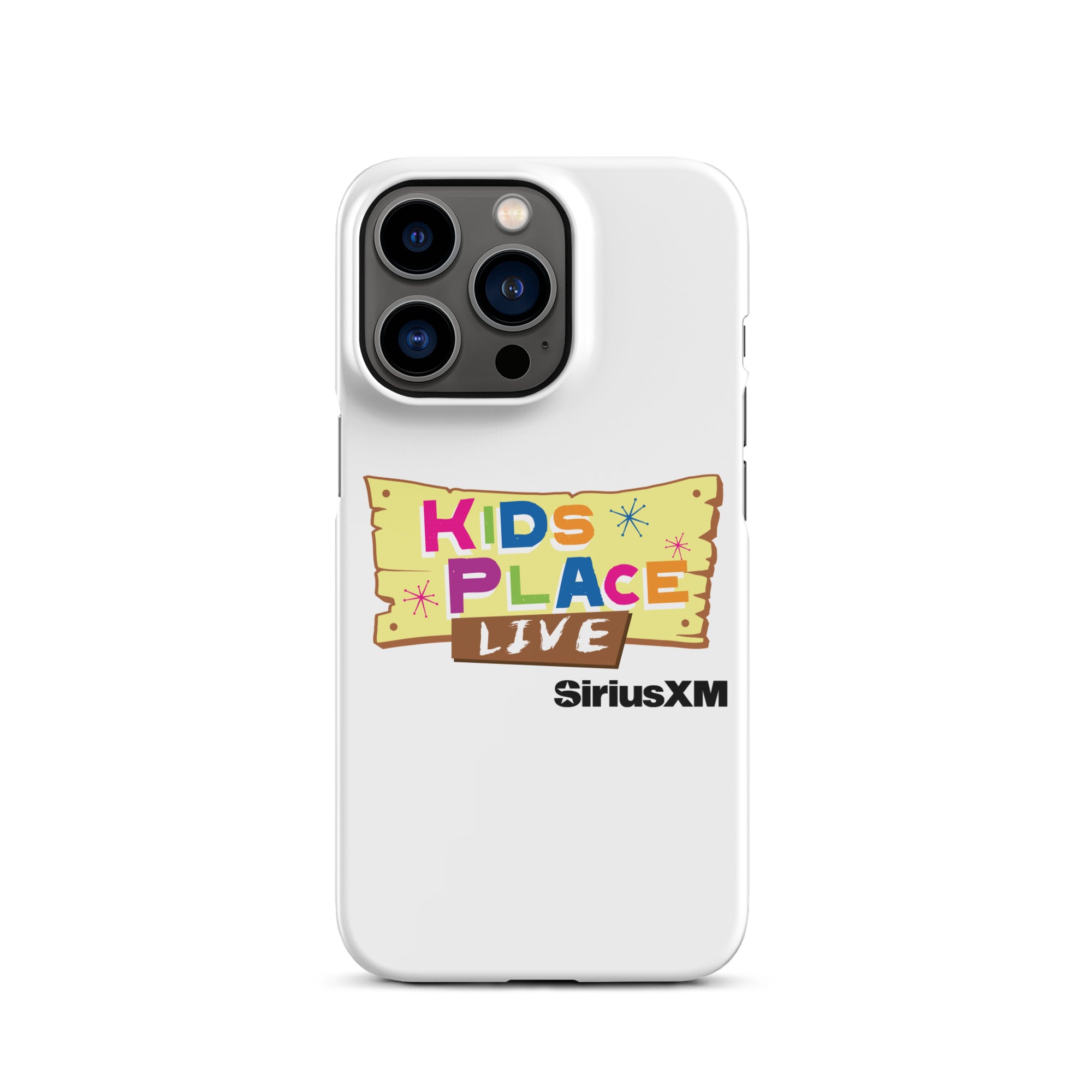 White phone case featuring 'KIDS PLACE LIVE' and 'SiriusXM' logos in colorful, playful design.