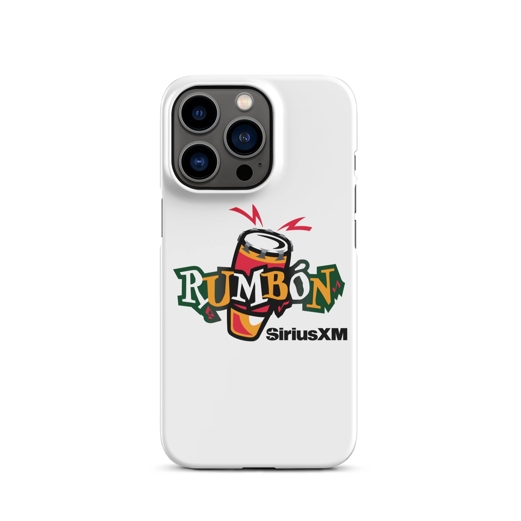 White phone case featuring 'Rumbón' logo with a conga drum and 'SiriusXM' branding.