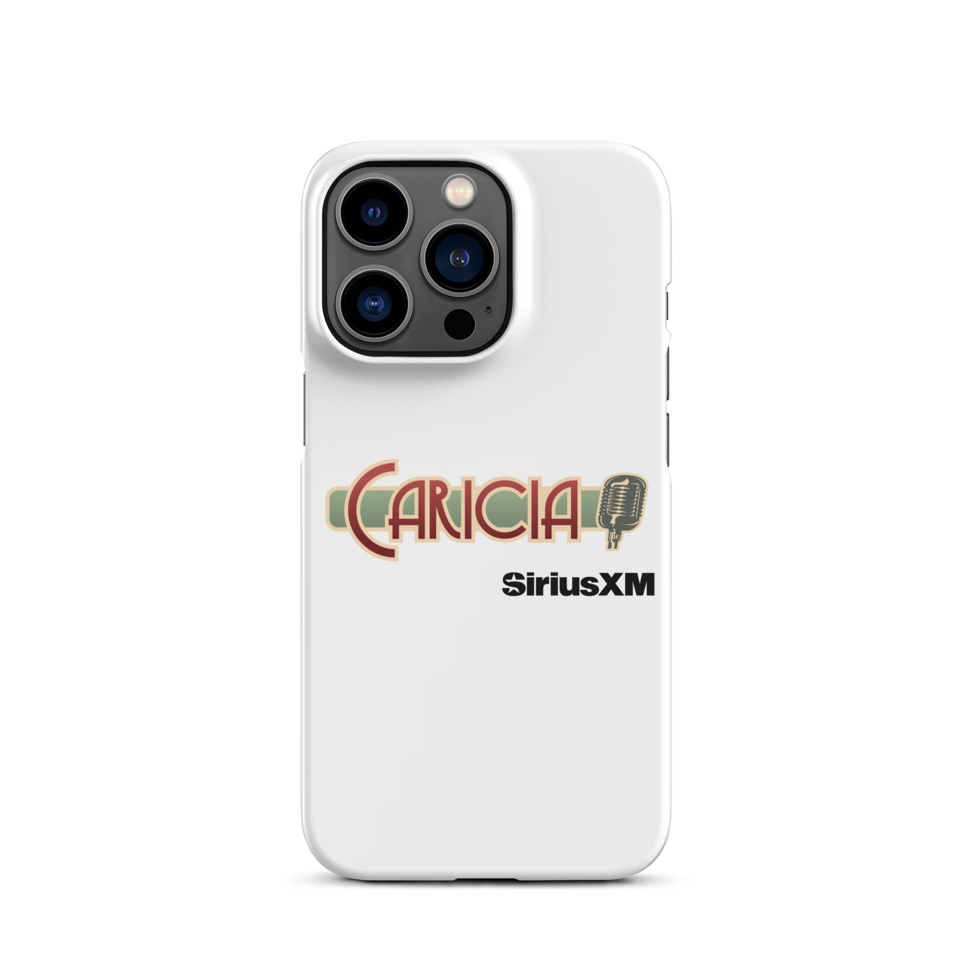 White phone case with a logo of 'Caricia' with a microphone icon and 'SiriusXM' branding.