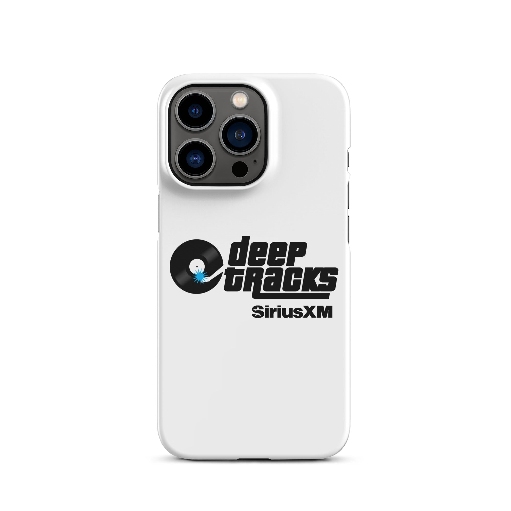 White phone case featuring 'deep TRACKS' and 'SiriusXM' logos with a vinyl record graphic.