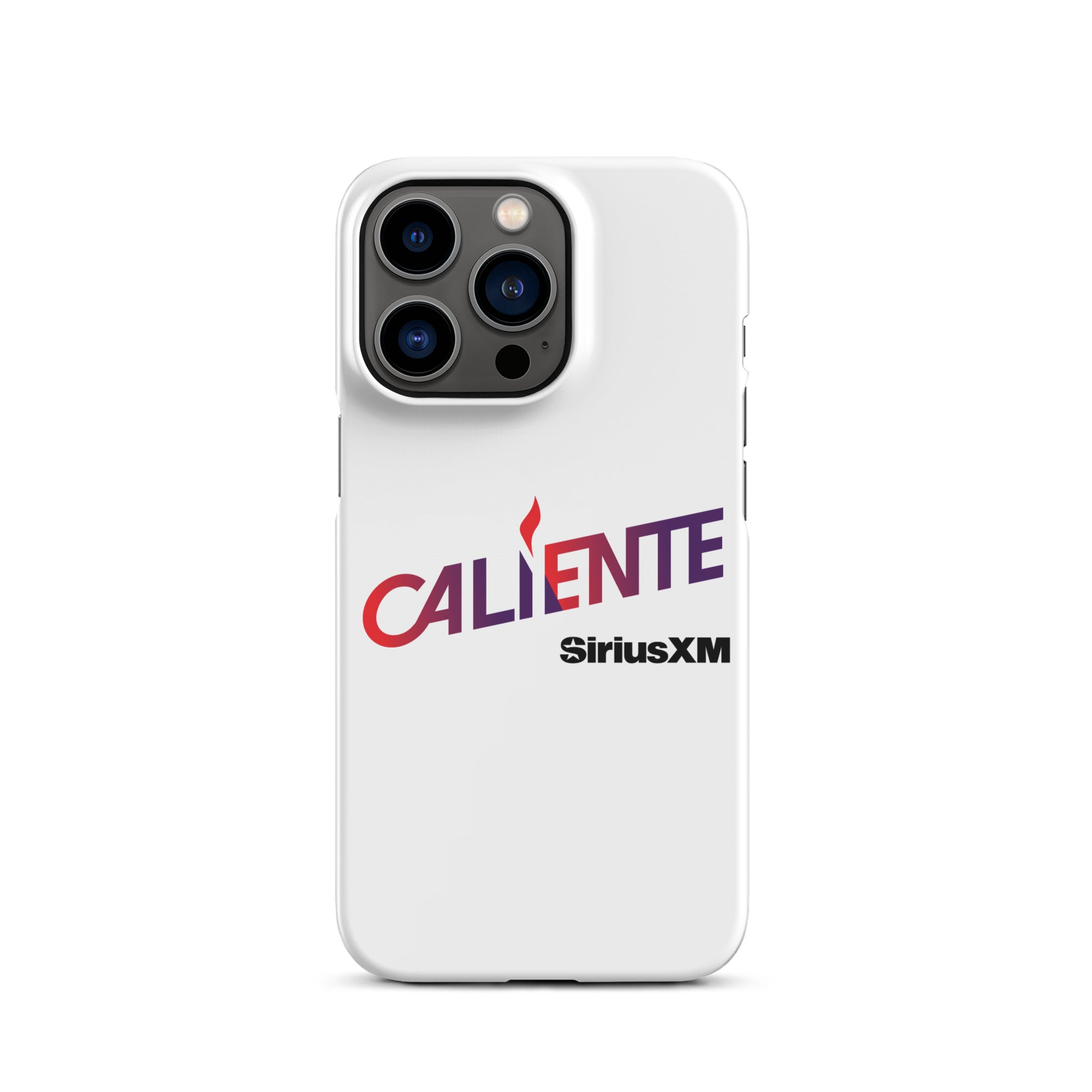 White phone case featuring 'CALIENTE' logo and 'SiriusXM' in bold lettering.