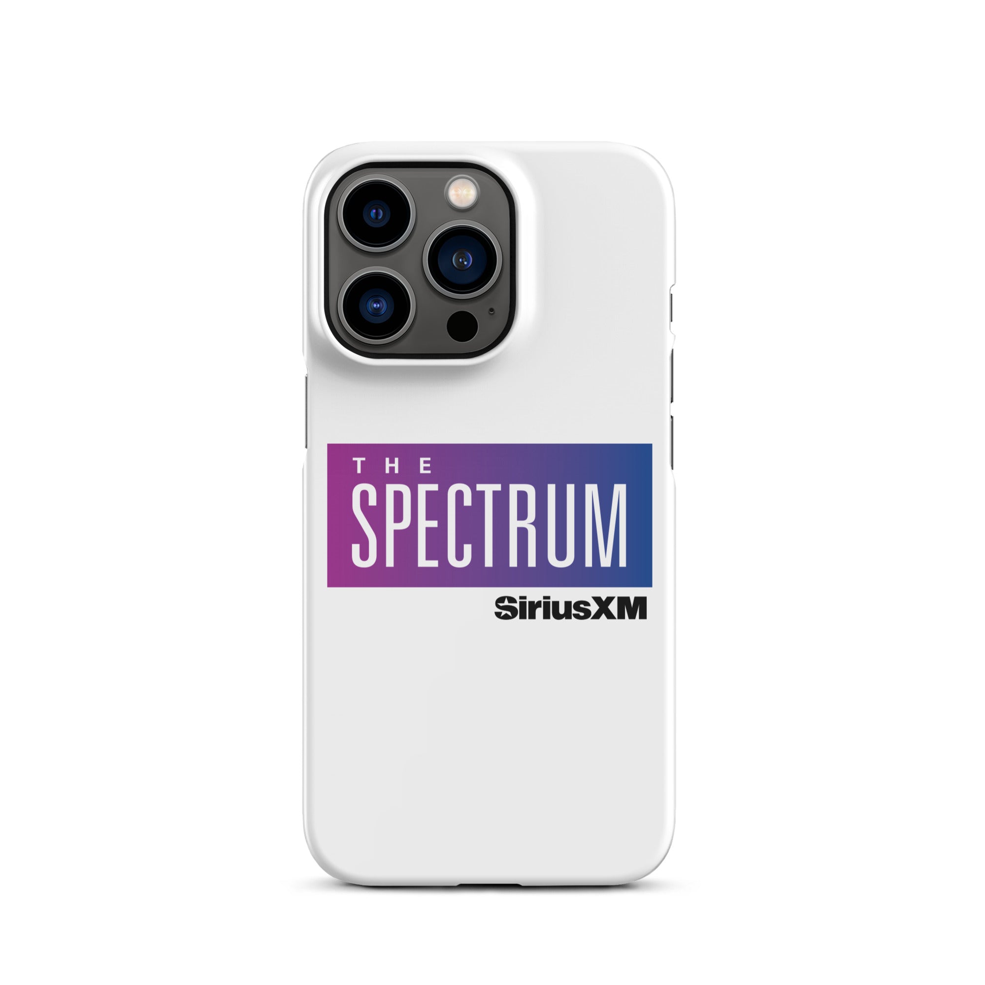 White phone case featuring 'THE SPECTRUM' logo  in gradient blue and purple.and 'SiriusXM' branding.