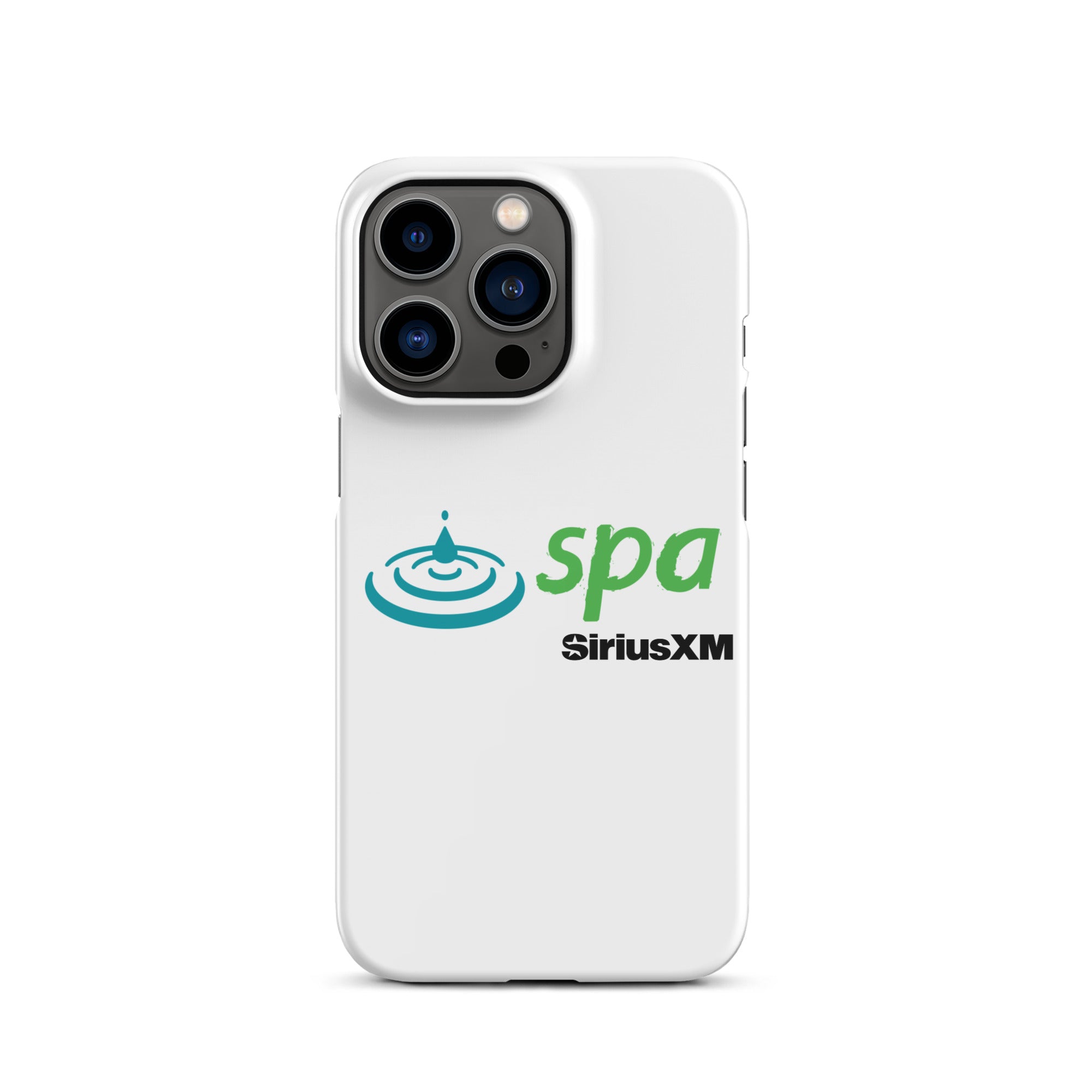 A white phone case featuring the 'spa' logo with a water droplet and ripple design and 'SiriusXM' branding underneath.