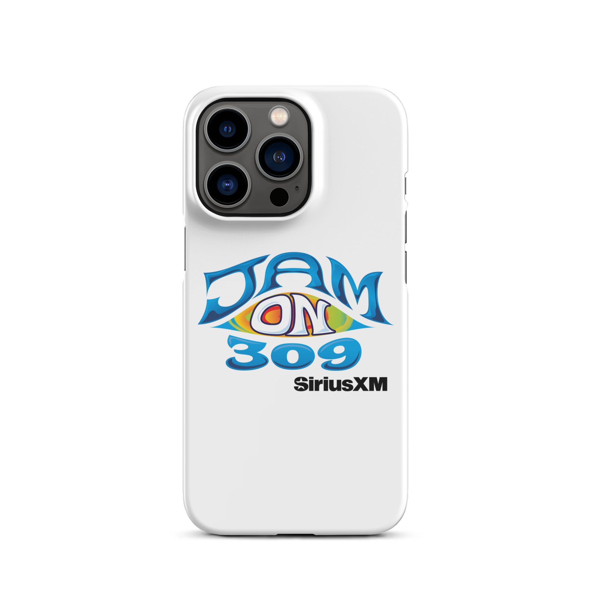 White phone case featuring the logo 'JAM ON 309' and 'SiriusXM' in colorful, stylized lettering.