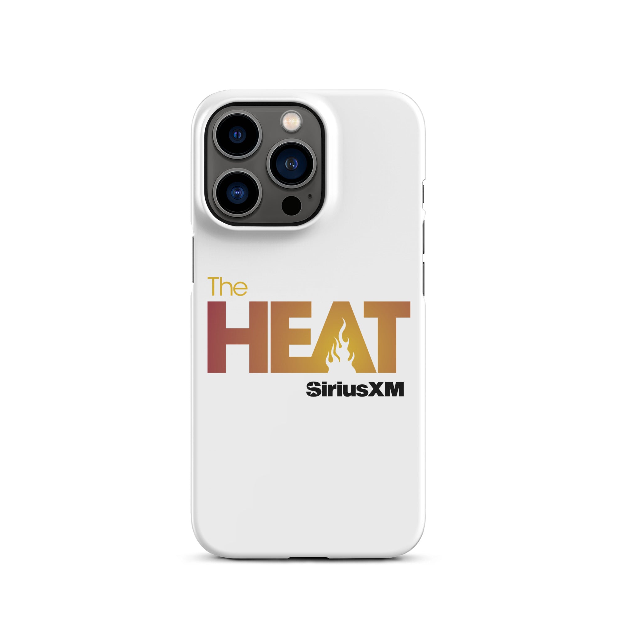 White phone case featuring 'The HEAT' text with a flame design and 'SiriusXM' logo.