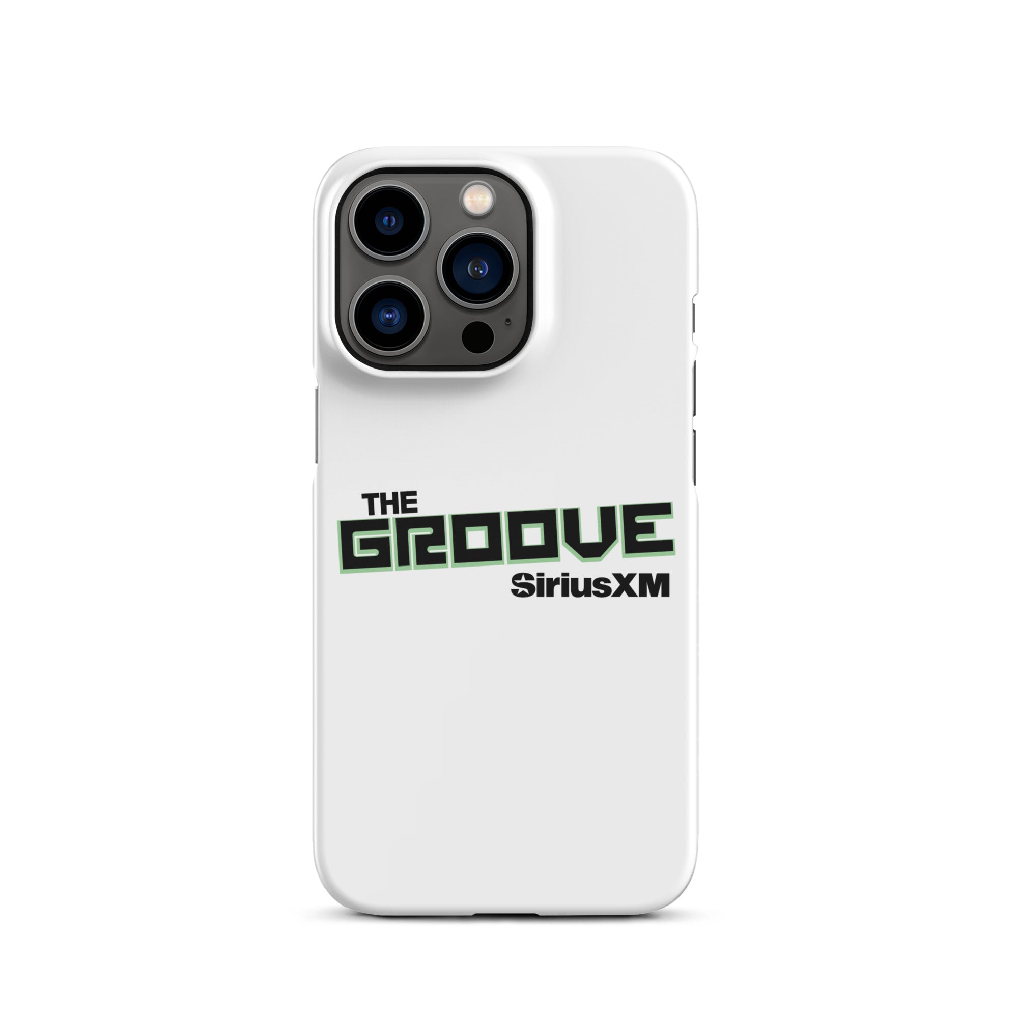 White phone case featuring 'THE GROOVE' and 'SiriusXM' logos in black and green.