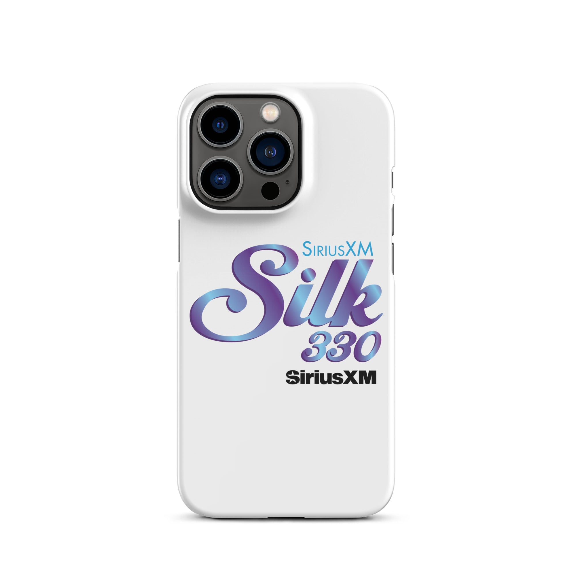 White smartphone case with 'SiriusXM Silk 330' logo in stylized purple and blue lettering and 'SiriusXM' branding.