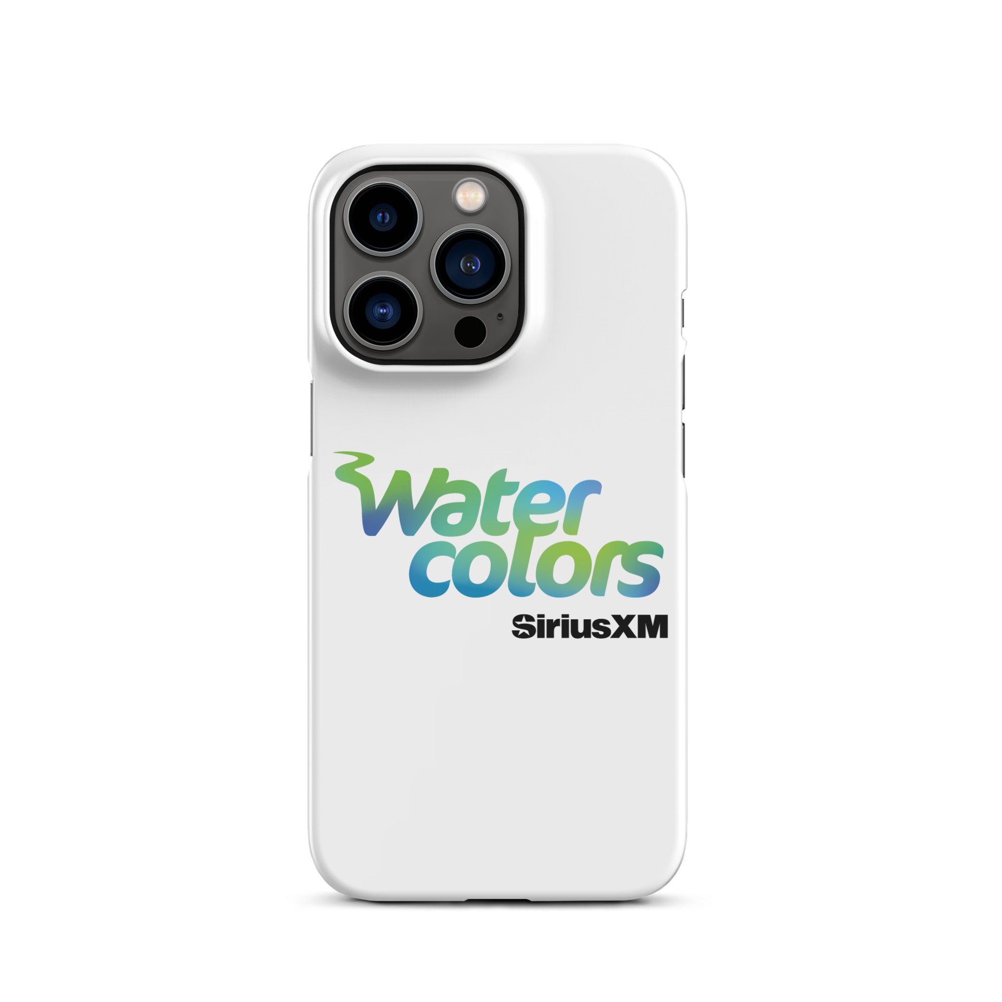 A white phone case featuring the 'Watercolors' logo and 'SiriusXM' branding.
