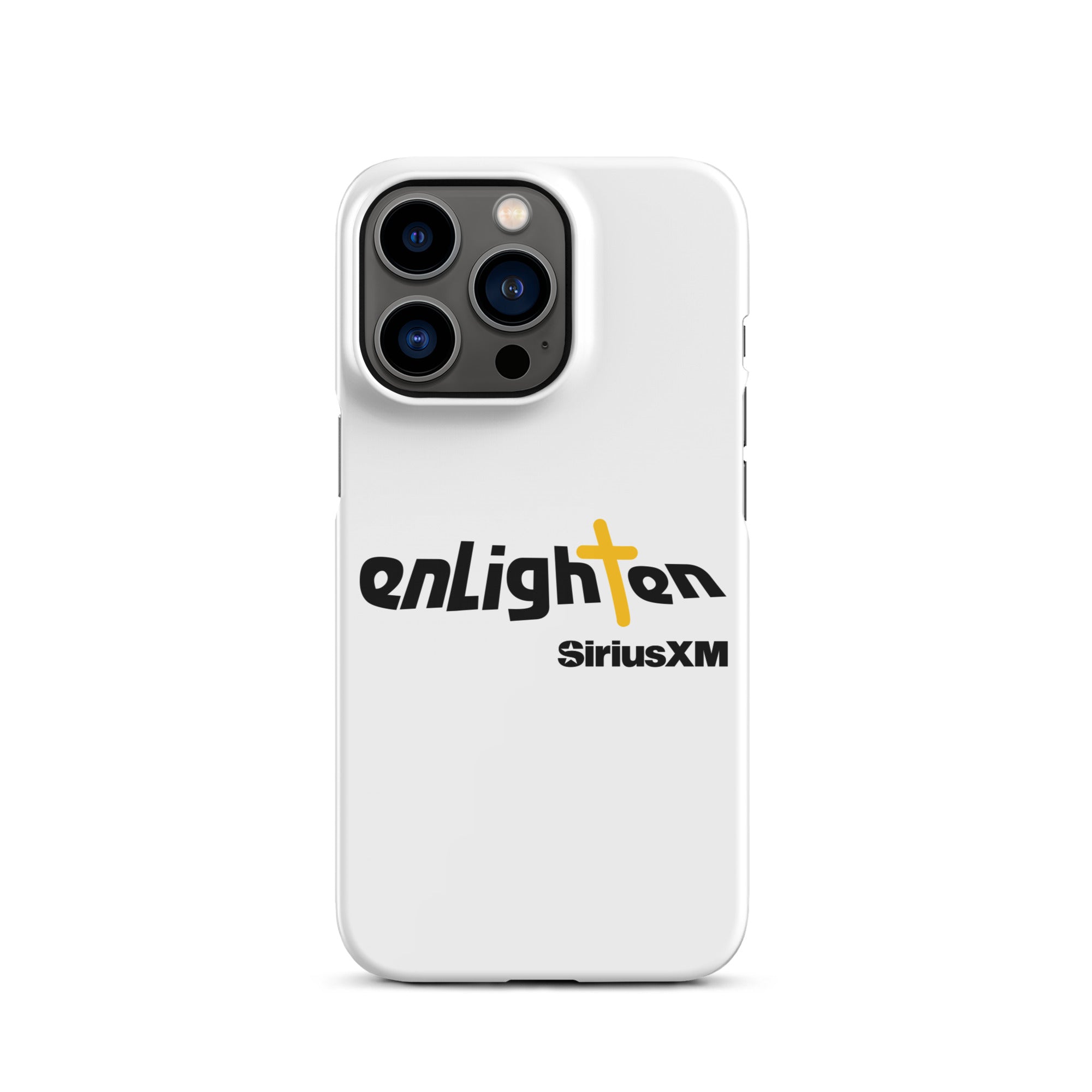 White phone case featuring the 'enLighten' logo with a cross and 'SiriusXM' text below.
