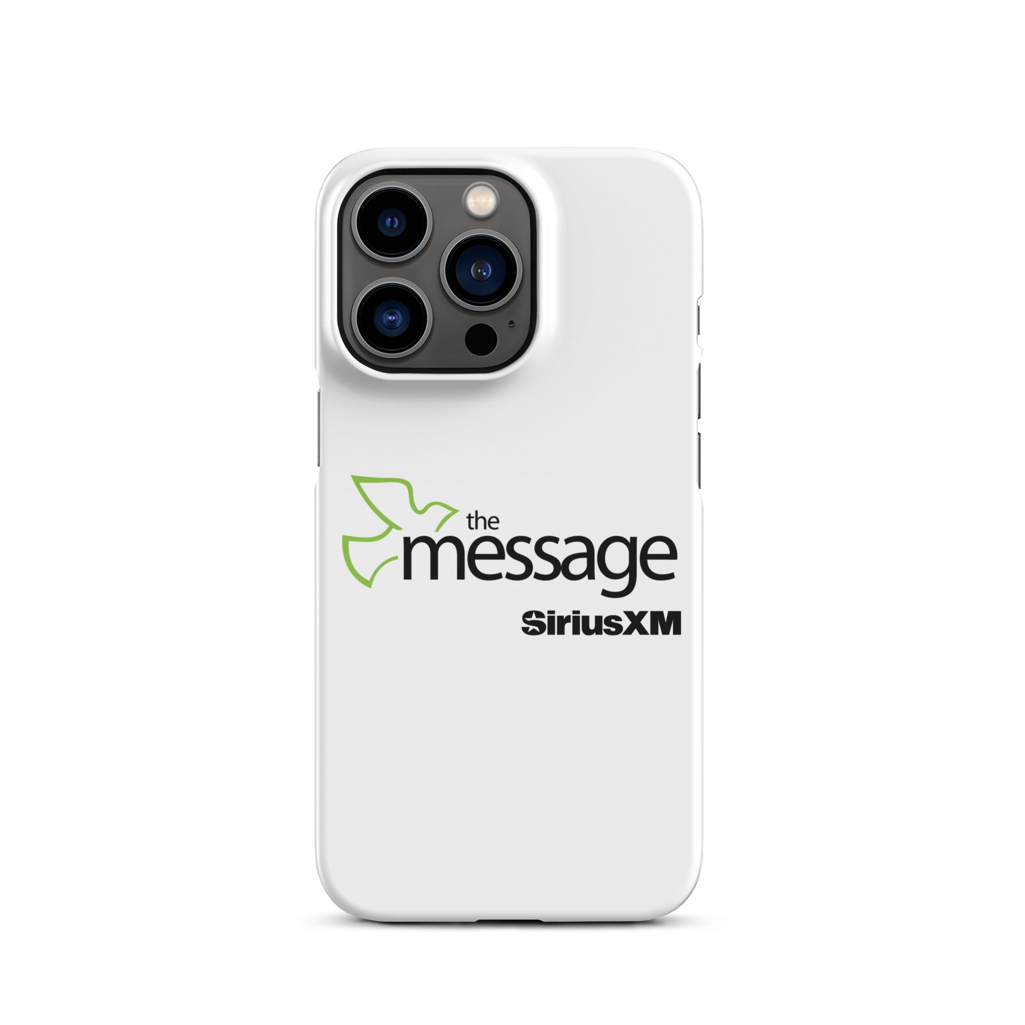 A white phone case featuring 'the message' logo with a green dove and 'SiriusXM' branding.