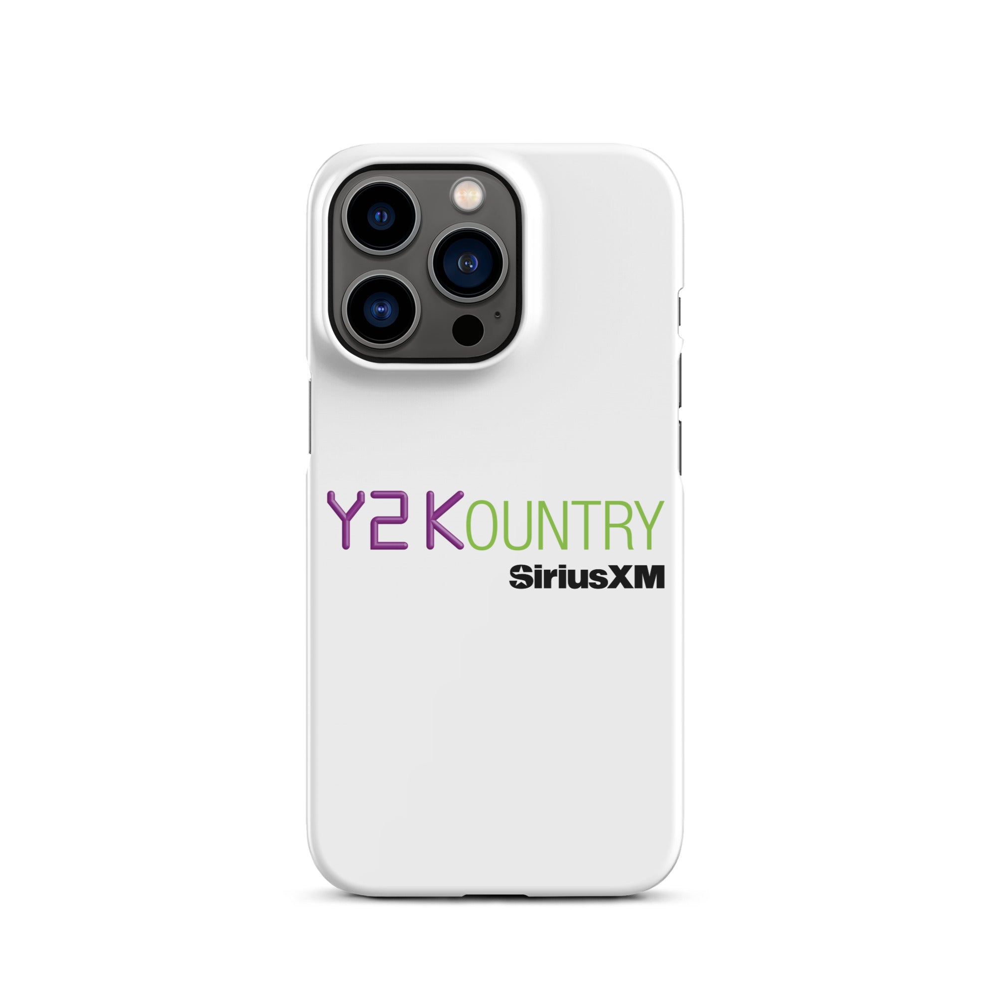White phone case featuring the text 'Y2KOUNTRY' and 'SiriusXM' in purple and green.