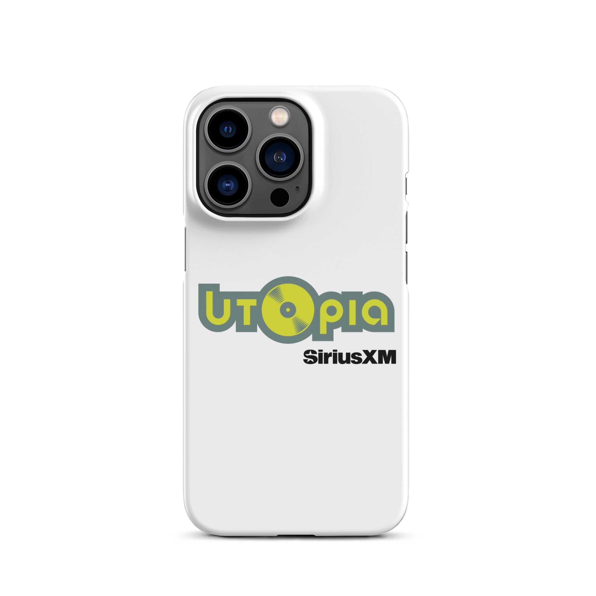 White phone case featuring the logo 'Utopia' with a vinyl record and 'SiriusXM' text.