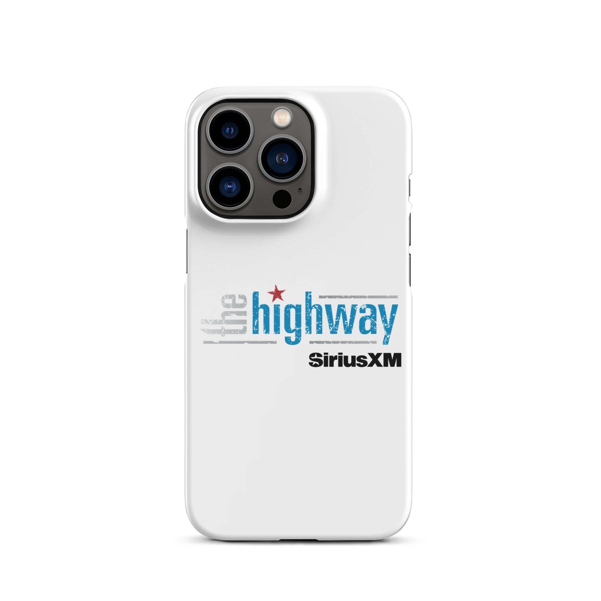 White phone case featuring 'the highway' and 'SiriusXM' logos in blue and black.