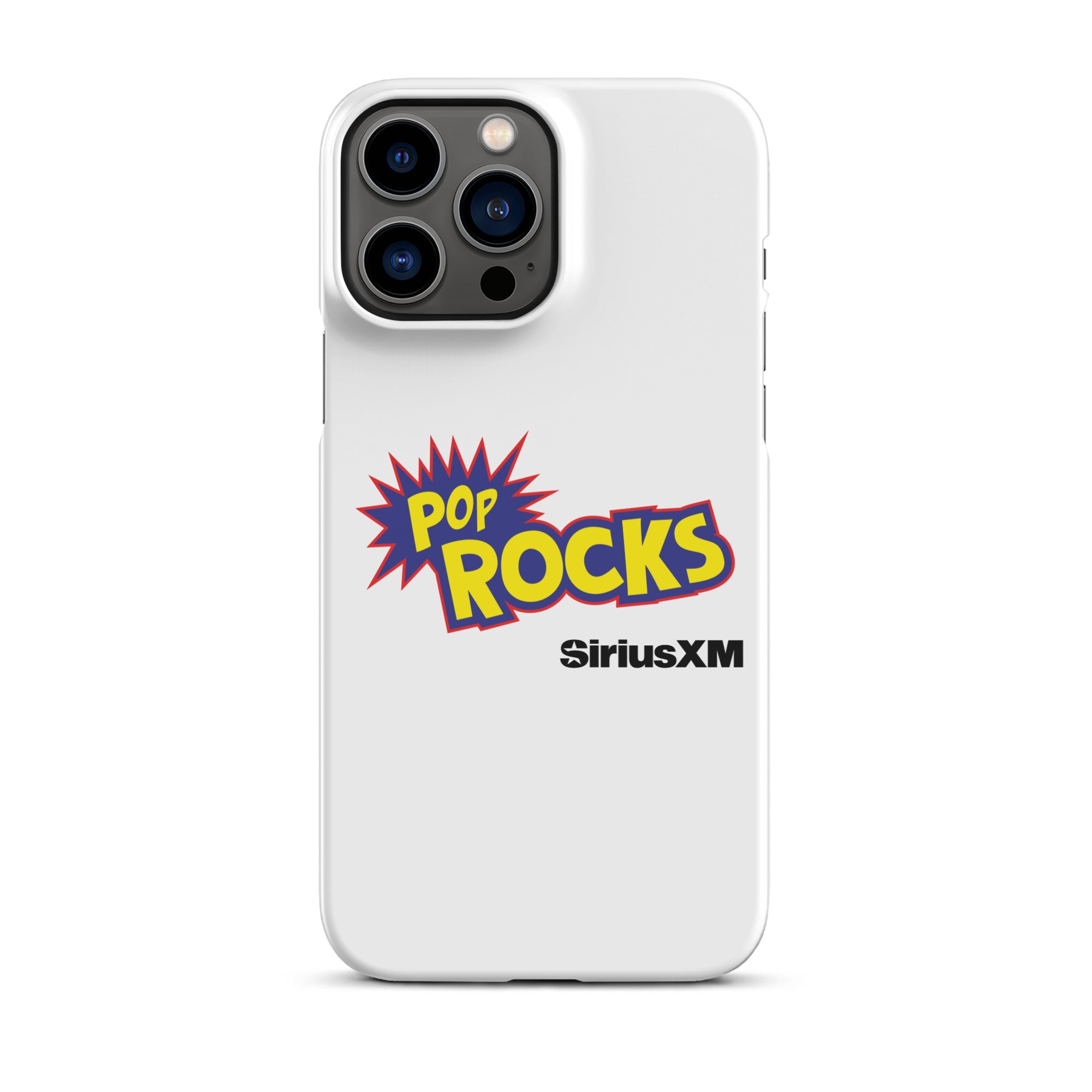 White phone case featuring 'Pop Rocks' logo and 'SiriusXM' branding.