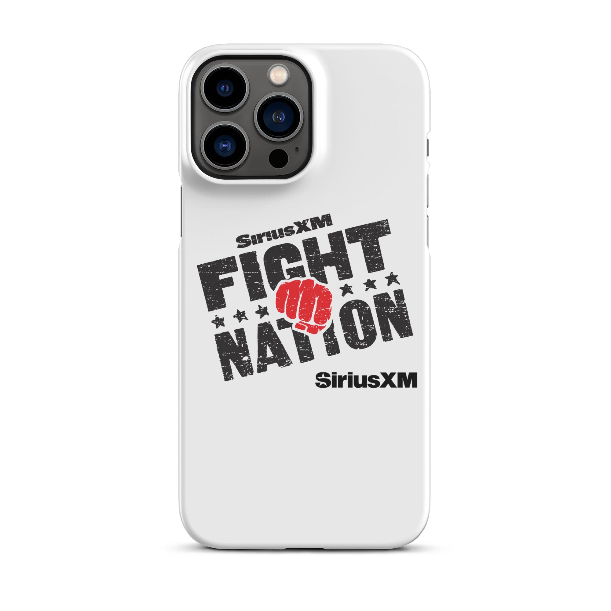 White phone case featuring 'SiriusXM FIGHT NATION' logo with a red fist and stars with 'SiriusXM' branding underneath.