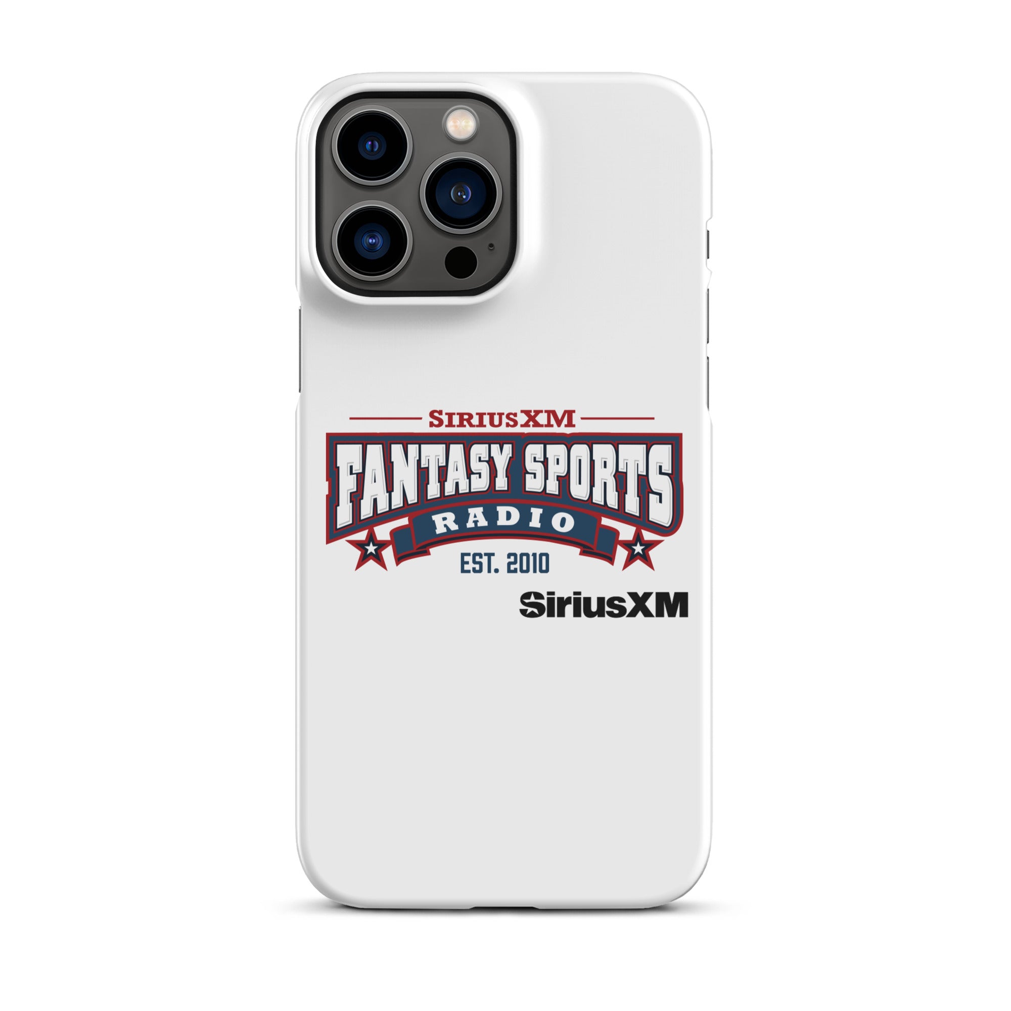 White phone case featuring the 'SiriusXM Fantasy Sports Radio Established 2010' logo with stars, banners and black 'SiriusXM' branding underneath.